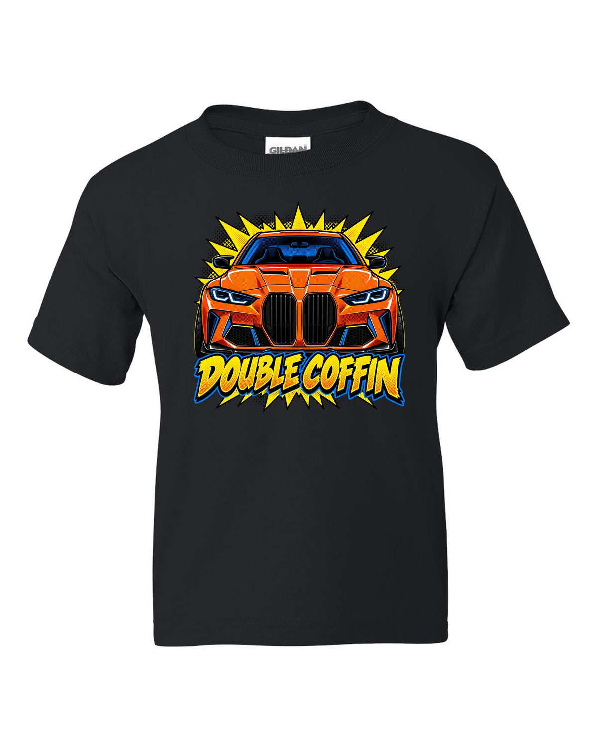 BMW G80 M3 head-on comic halftone pop art print with Double Coffin text black kids tee front view with the design