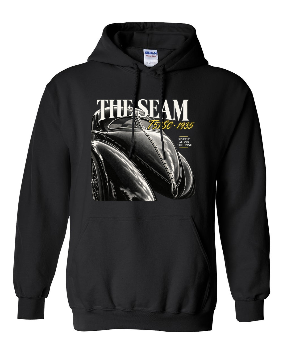 Close macro print of the riveted dorsal seam on a 1935 Bugatti Type 57SC Atlantic black pull over hoodie front view with the design