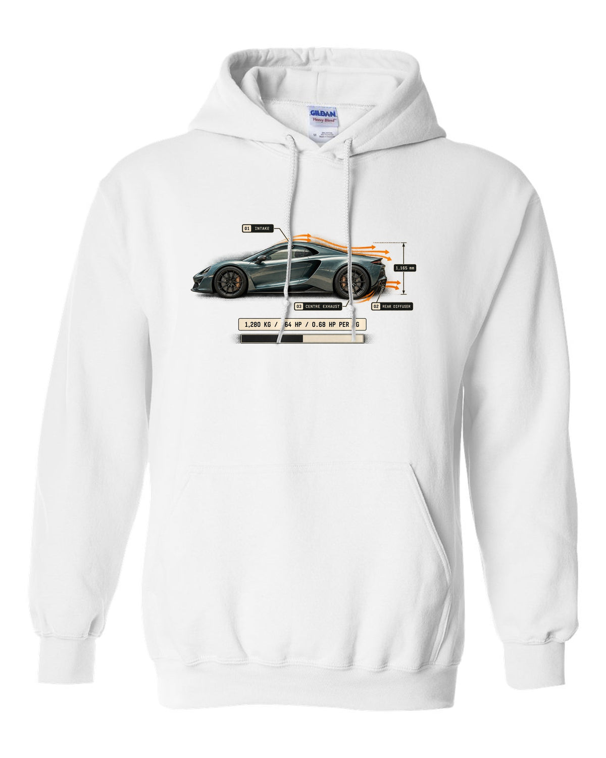 Airflow callout print of the Pagani Utopia with the text 1,280 kg, 864 hp, 0.68 hp per kg white pull over hoodie front view with the design