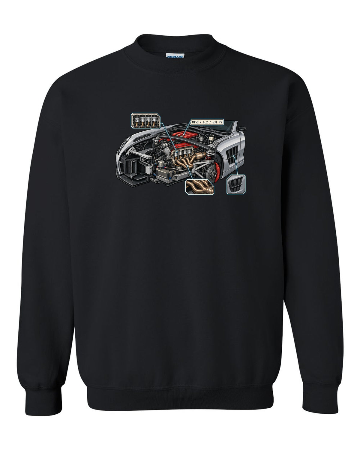 Technical blueprint line art of a Mercedes G-Class W463 with 2,850 mm note, print black crewneck front view with the design