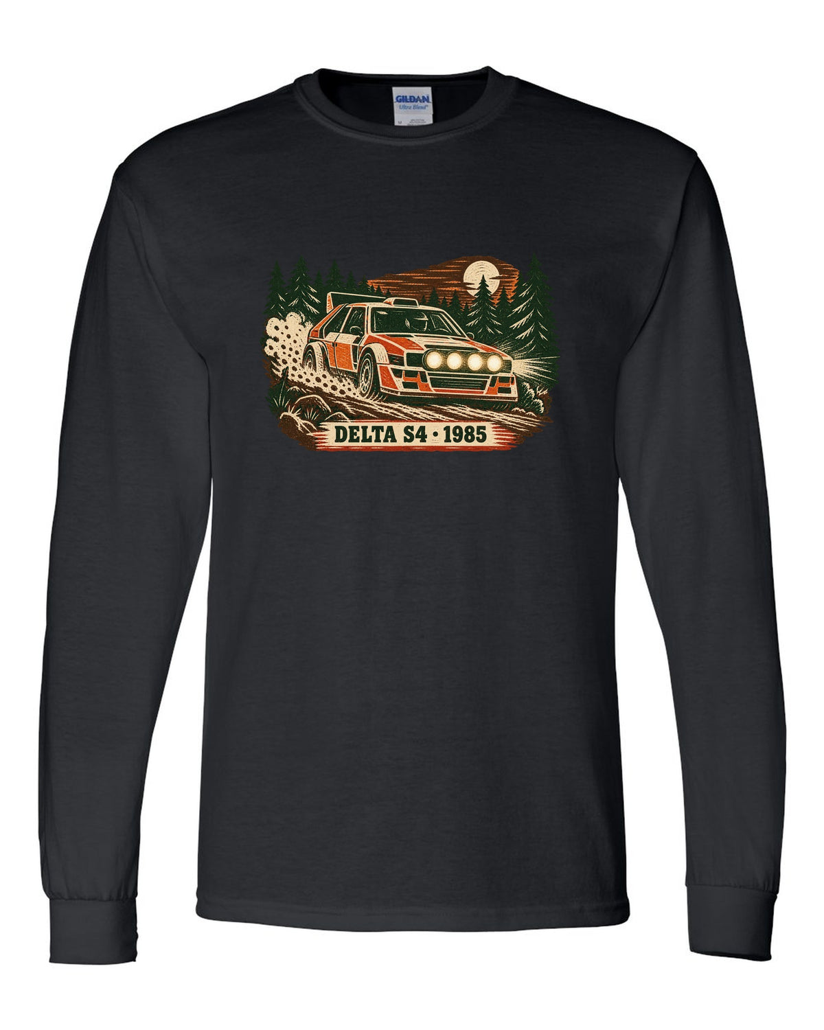 Multi-block linocut print of a 1985 Lancia Delta S4 on a forest rally stage black long sleeve front view with the design