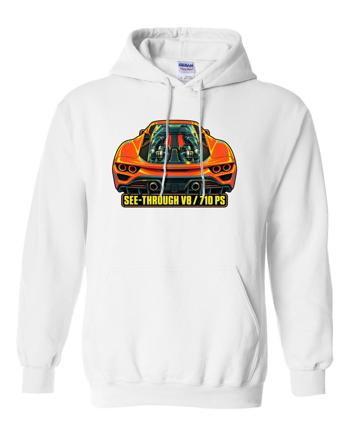 Risograph style print of the Ferrari F8 Tributo transparent engine cover and V8 white pull over hoodie front view with the design