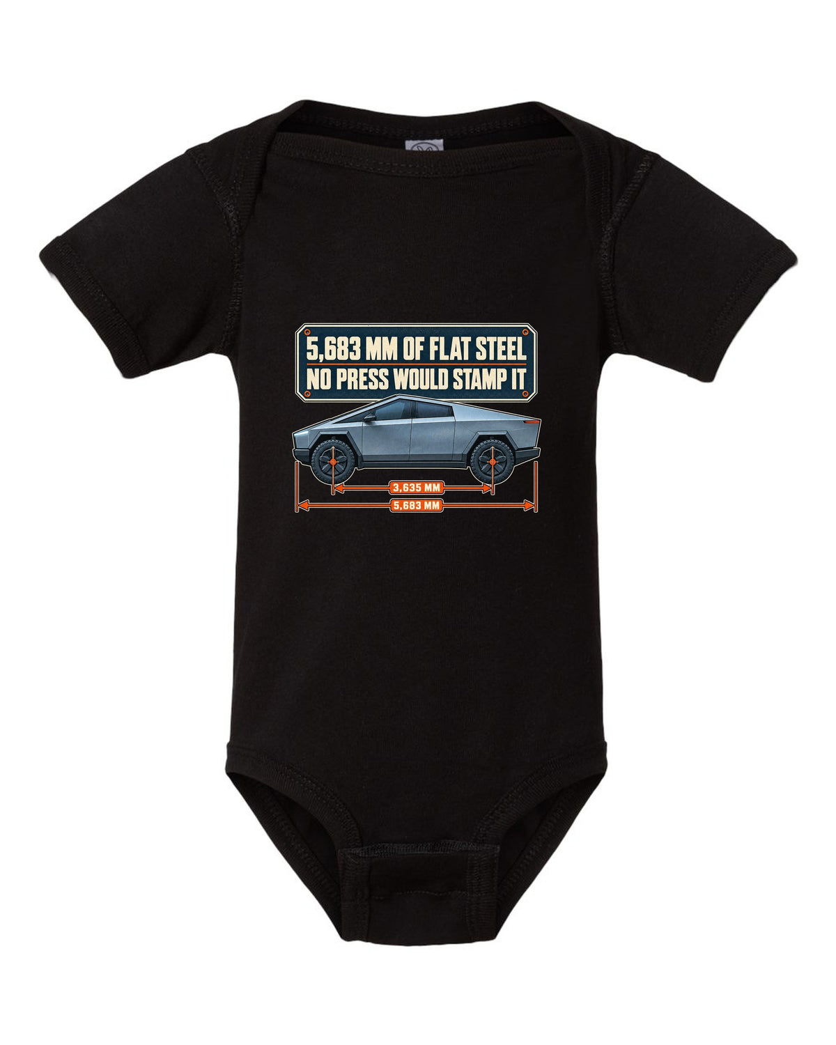 Dimension blueprint print of a Tesla Cybertruck with 5,683 mm length black baby onesie front view with the design