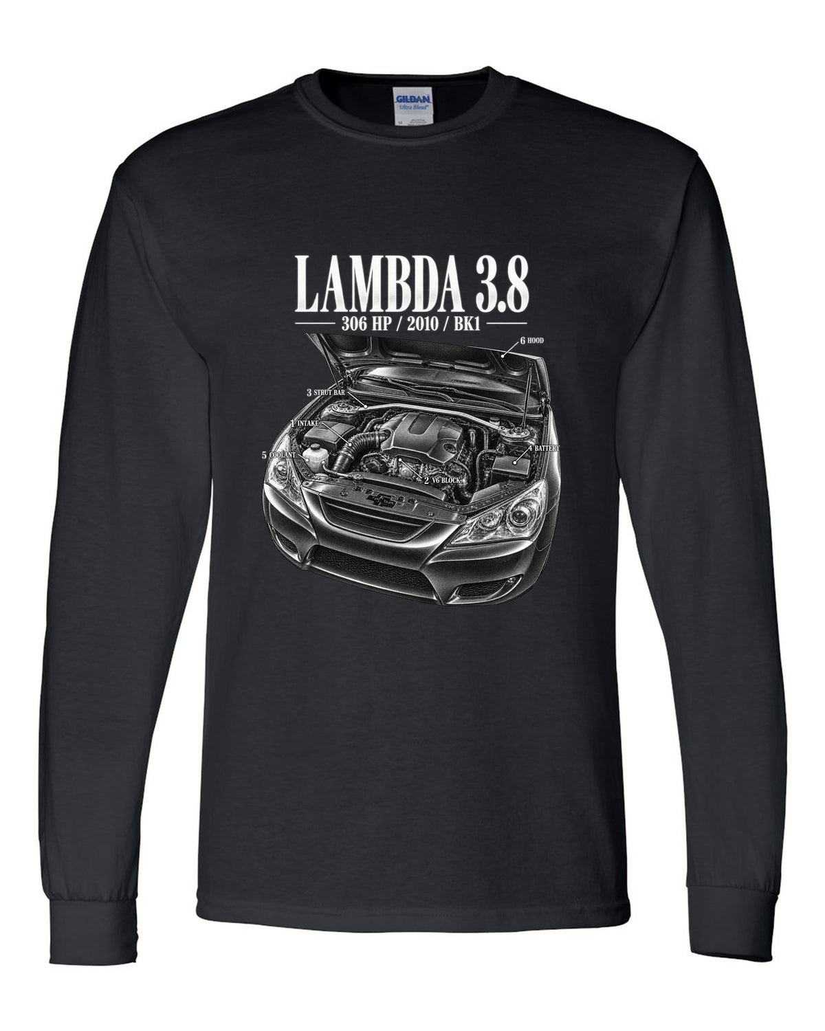 Hyundai Genesis Coupe 3.8 BK1 engine bay with numbered callouts black long sleeve front view with the design