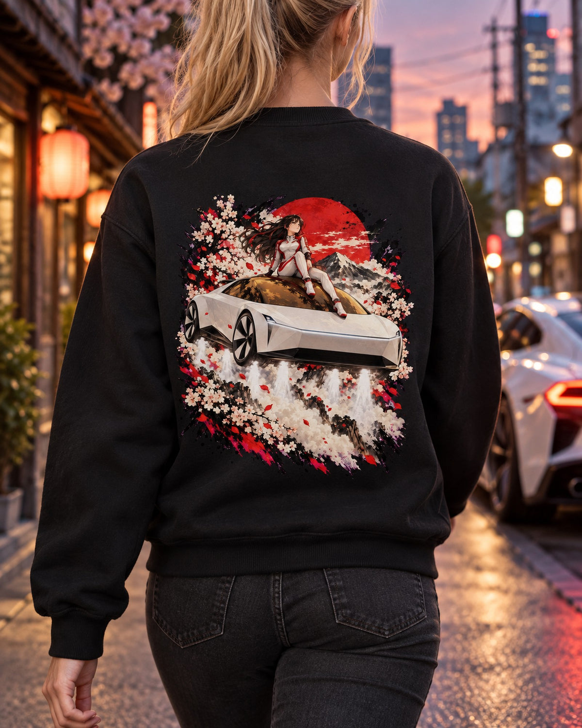 Tesla Roadster Rooftop Anime Girl Shirt, Hoodie & More Crewneck Black worn hero