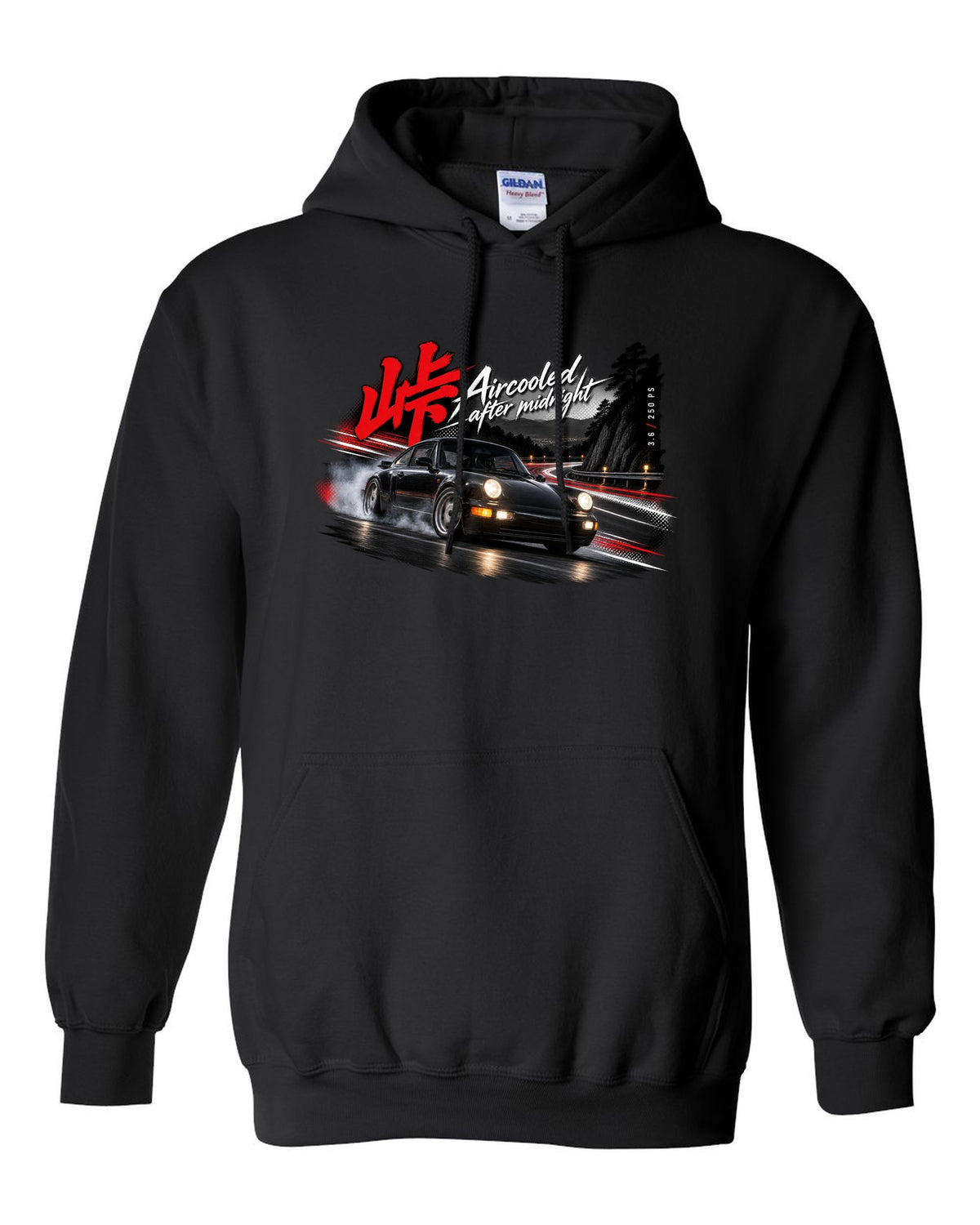 Touge night print of a Porsche 911 Carrera 2 (964) with the line Aircooled after midnight black pull over hoodie front view with the design