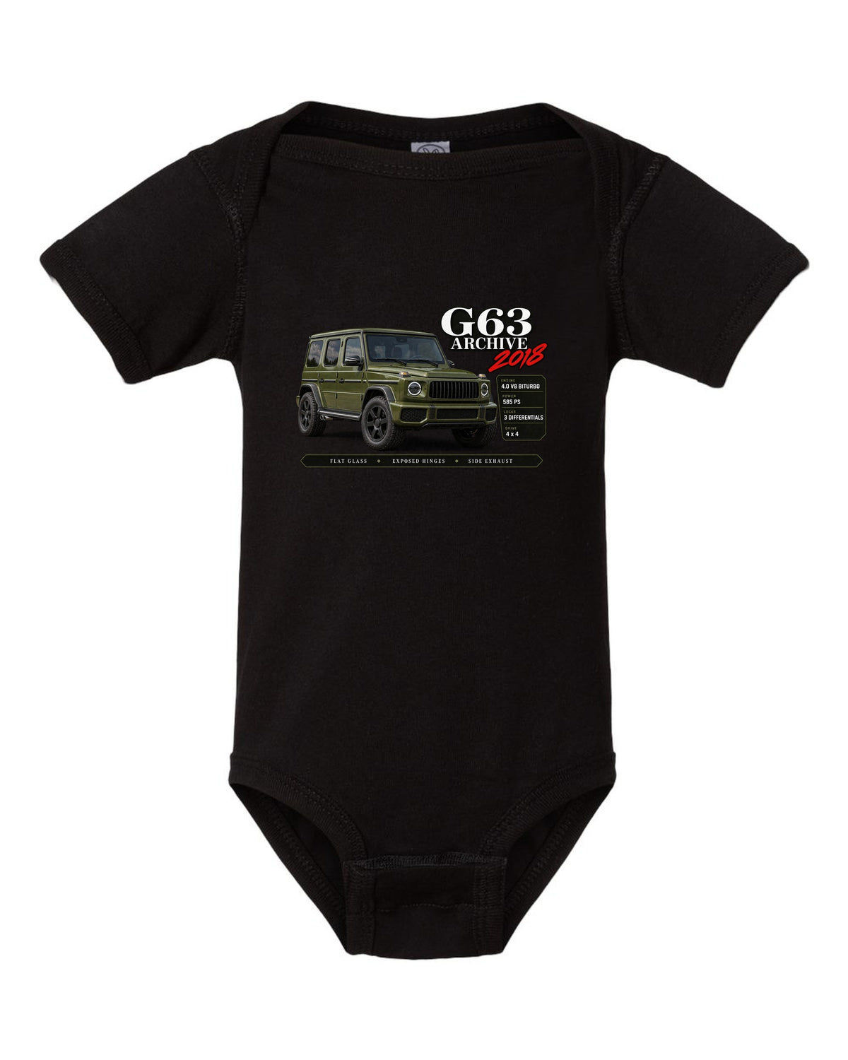 Archive panel print of a Mercedes-AMG G63 W464 with G63 Archive 2018 lettering black baby onesie front view with the design