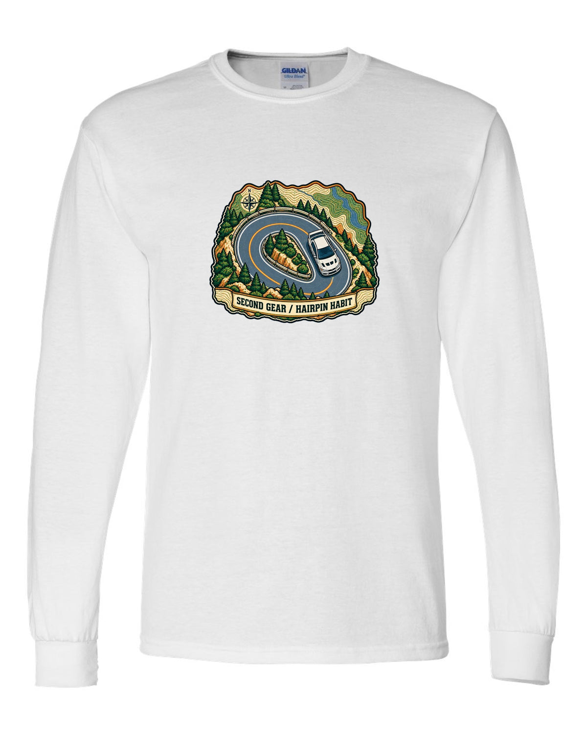 Topographic route map print for the Mitsubishi Evo VII CT9A with second gear hairpin habit text white long sleeve front view with the design