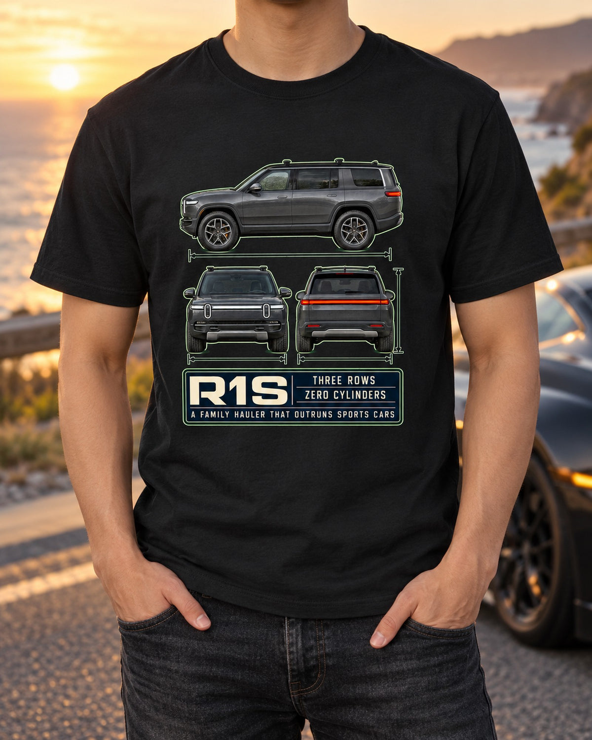 Rivian R1S Three-Row Three-View Shirt, Electric SUV Car Guy Gift T-Shirt Black worn hero