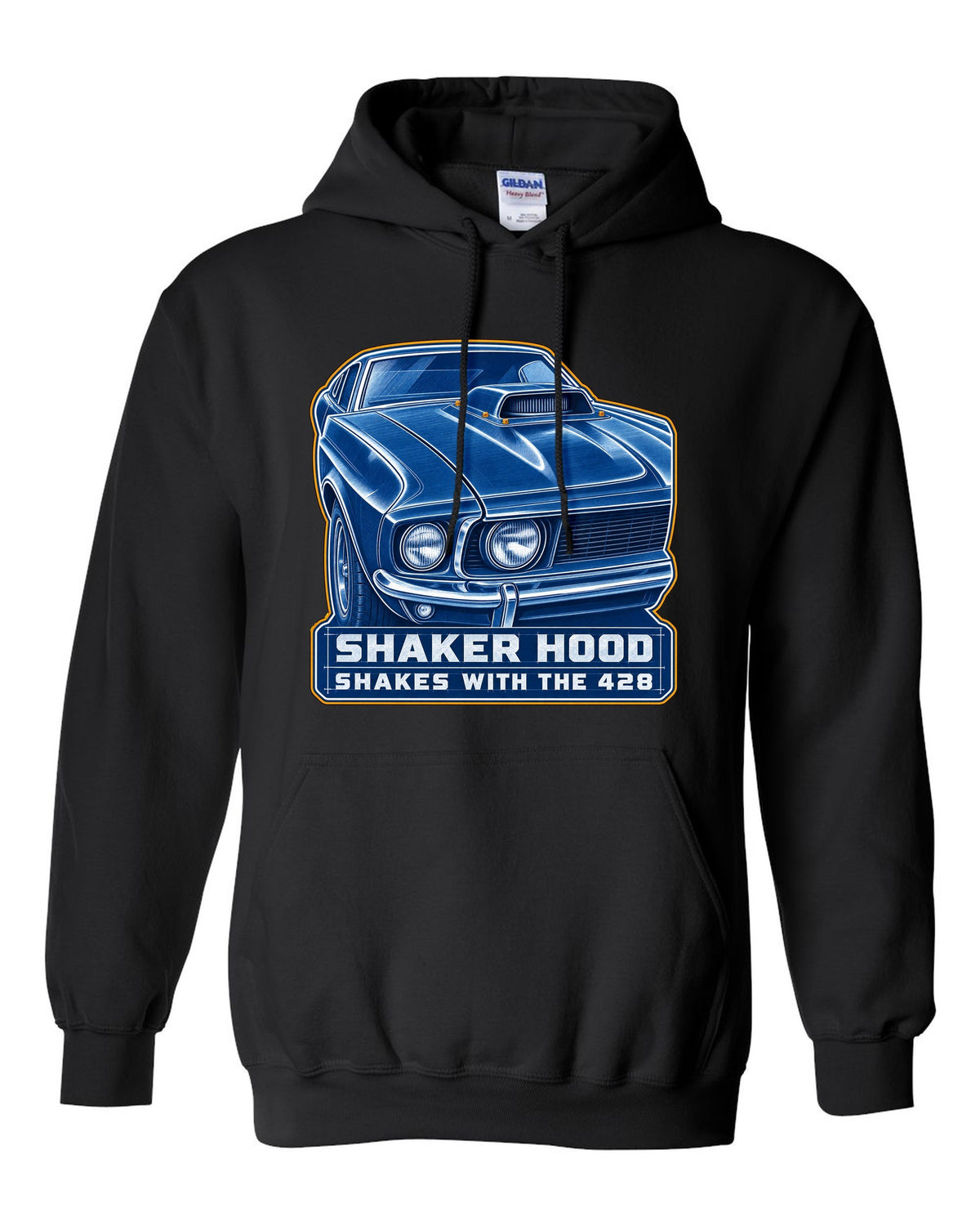 Cyanotype blueprint print of a 1969 Ford Mustang fastback shaker hood black pull over hoodie front view with the design