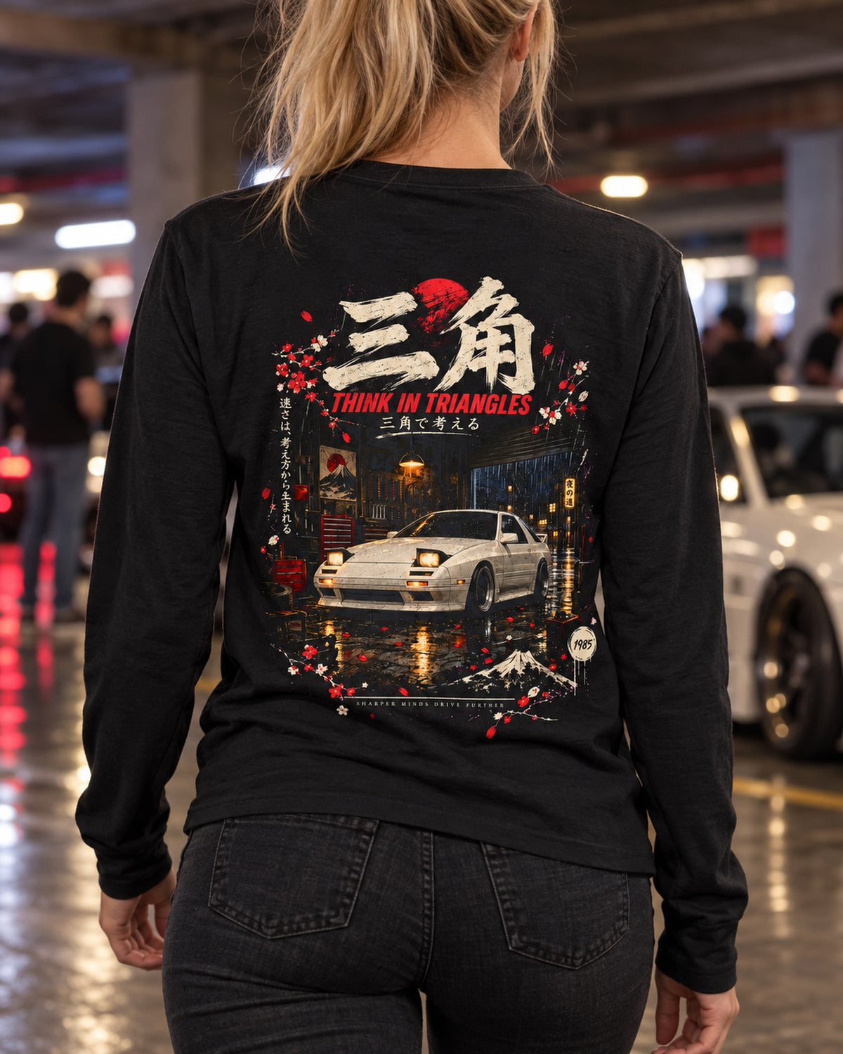 Mazda RX-7 FC Think In Triangles Shirt, Hoodie & More Long Sleeve Black worn hero