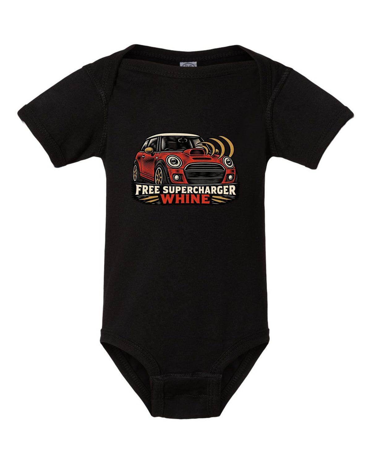 Linocut woodcut print of a Mini Cooper S R53 with the words free supercharger whine black baby onesie front view with the design