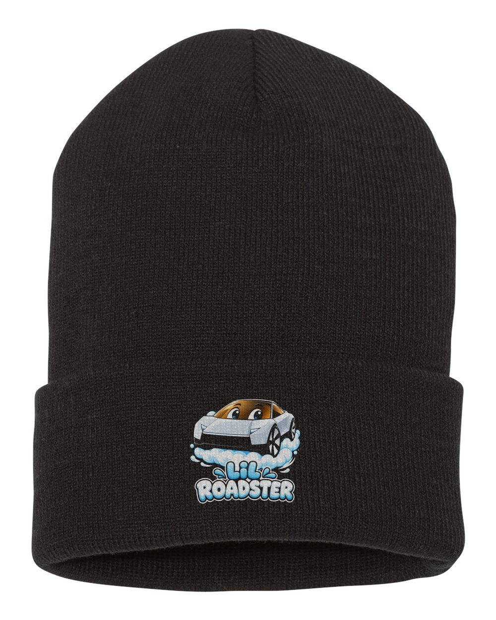 Lil Roadster Kids Shirt, Onesie & More black beanie front view with car name
