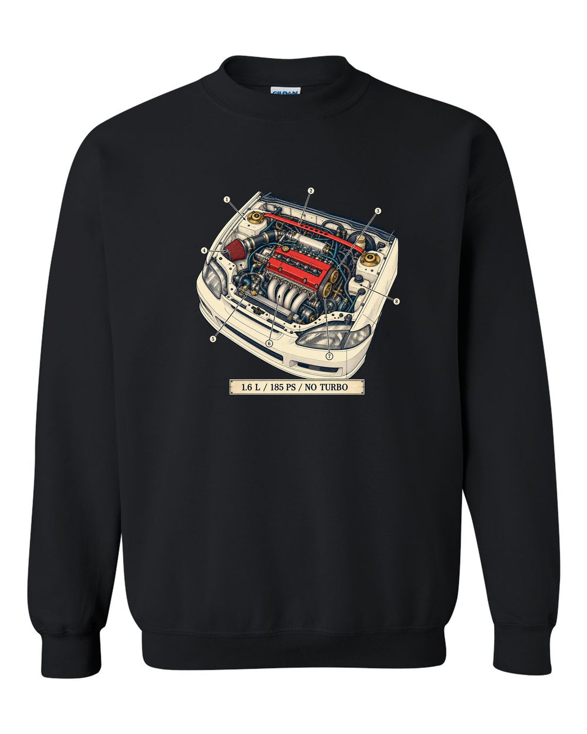 Patent drawing line art of the Honda Civic Type R EK9 with B16B spec text black crewneck front view with the design