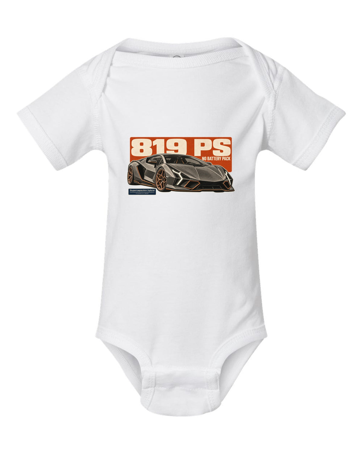 Halftone statement print of the Lamborghini Sian FKP 37 white baby onesie front view with the design