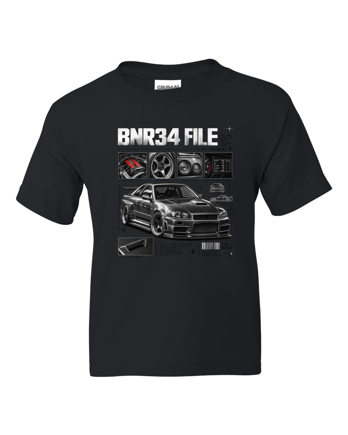 Dossier panel print of a Nissan Skyline GT-R R34 V-Spec II Nur with 718 built text black kids tee front view with the design
