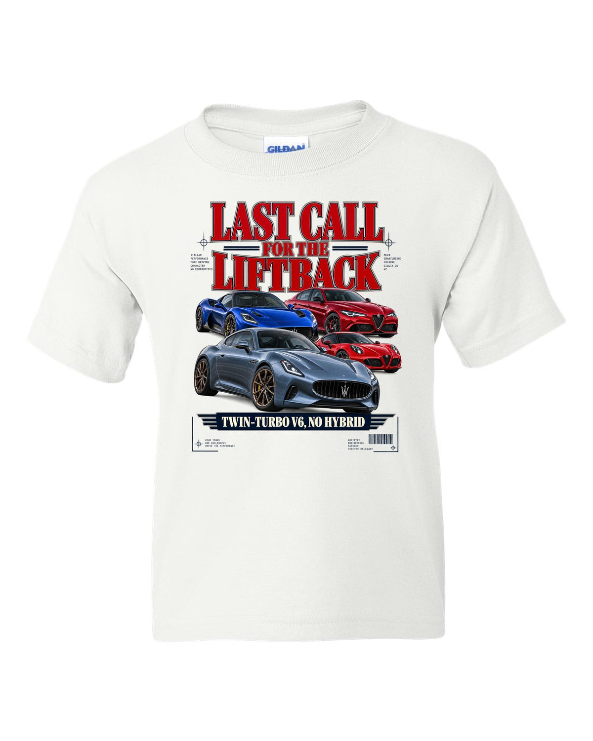 Kia Stinger GT final year editorial headline print white kids tee front view with the design