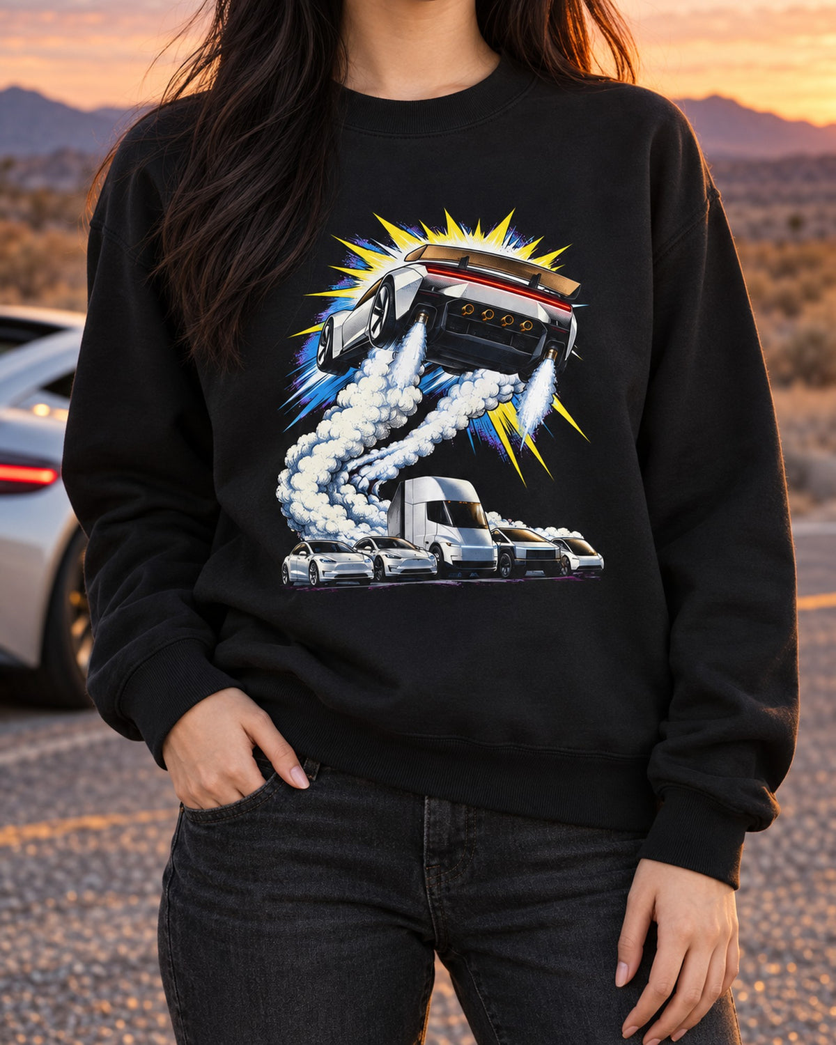 Tesla Roadster The Jump Shirt, Hoodie & More Crewneck Black worn hero