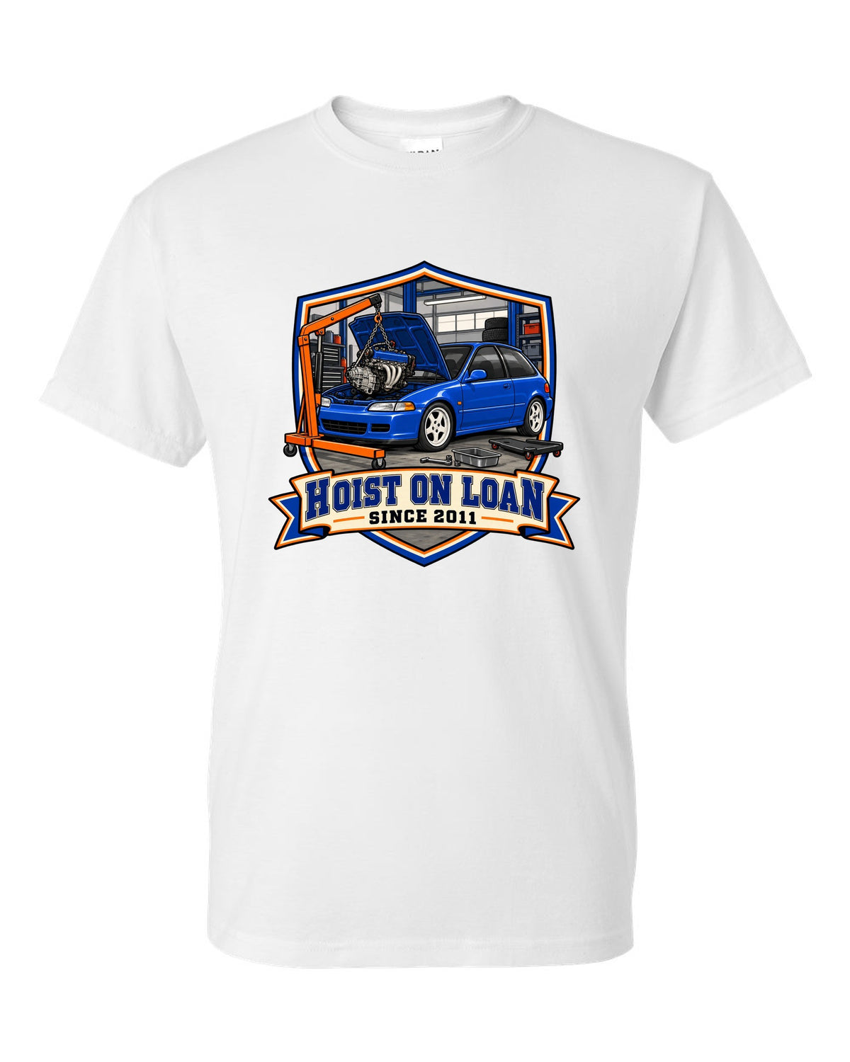 Embroidery patch style print of a 1992 Honda Civic EG6 ch with hoist on loan since 2011 text white t-shirt front view with the design