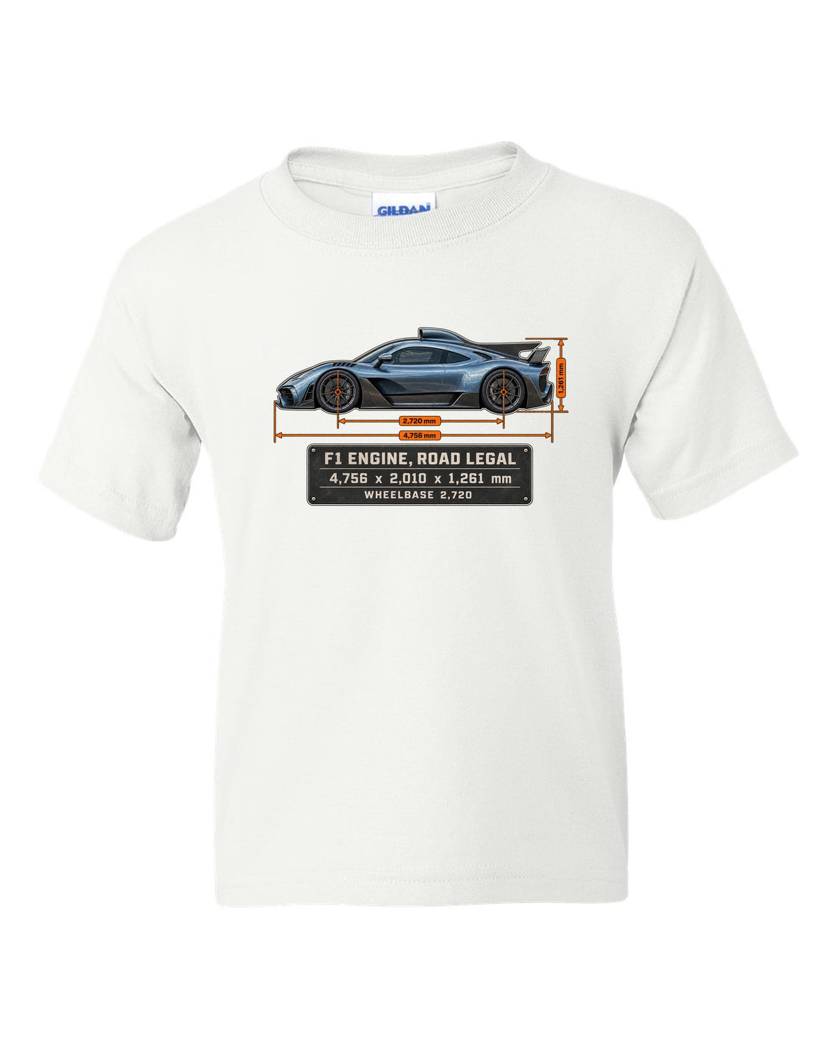 Mercedes-AMG One Dimension Blueprint white kids tee front view with the design