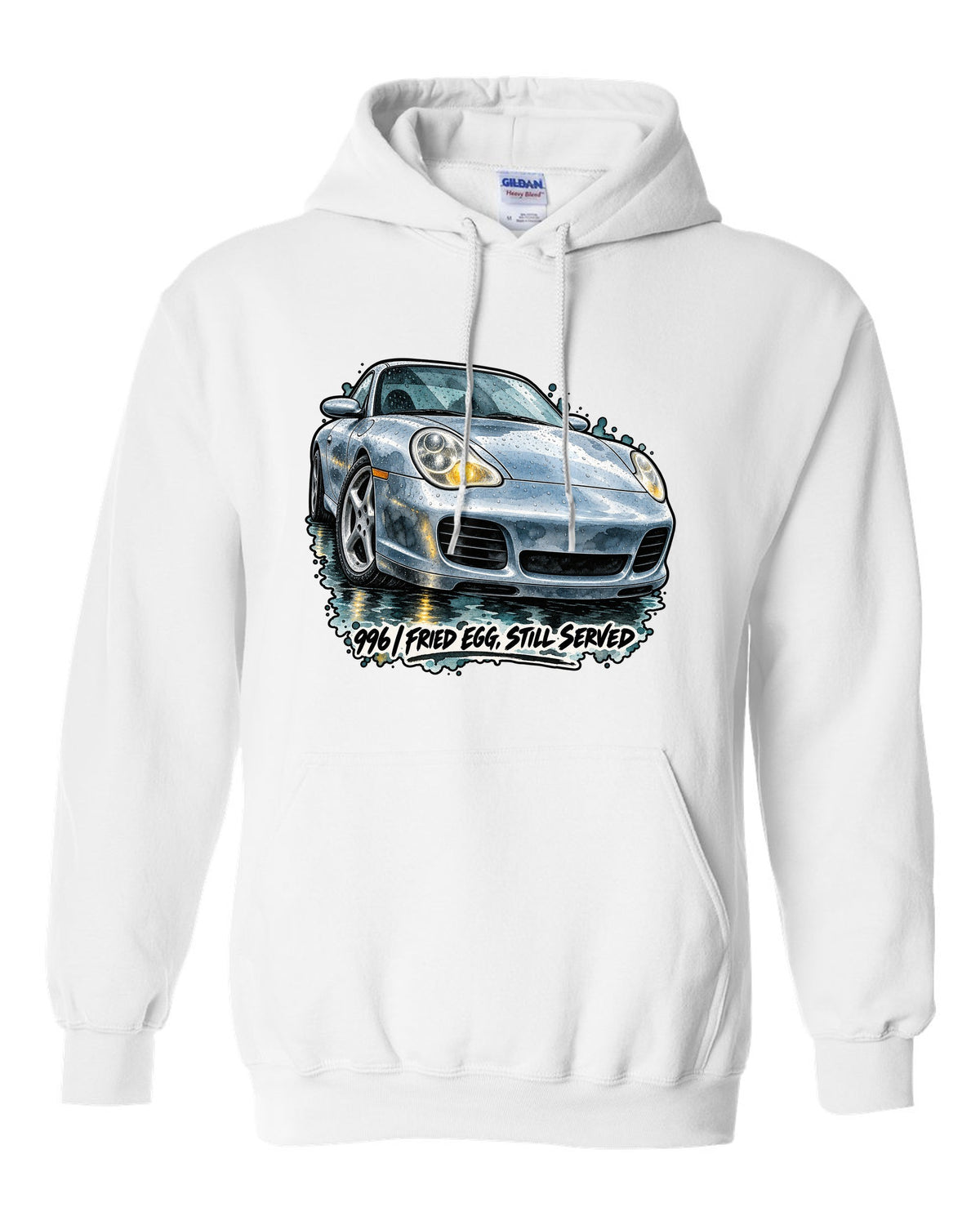 Watercolour ink wash of a Porsche 911 996 on a wet road white pull over hoodie front view with the design