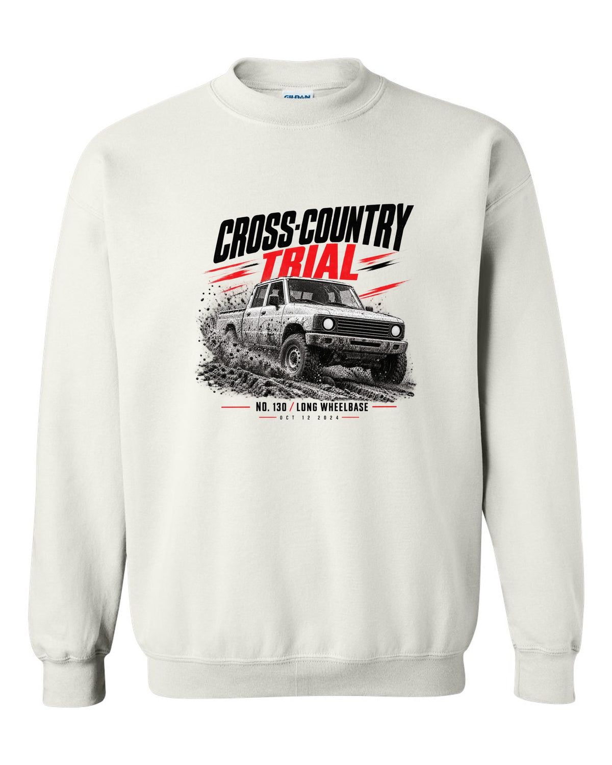 Land Rover Defender 130 cross-country trial race poster print white crewneck front view with the design