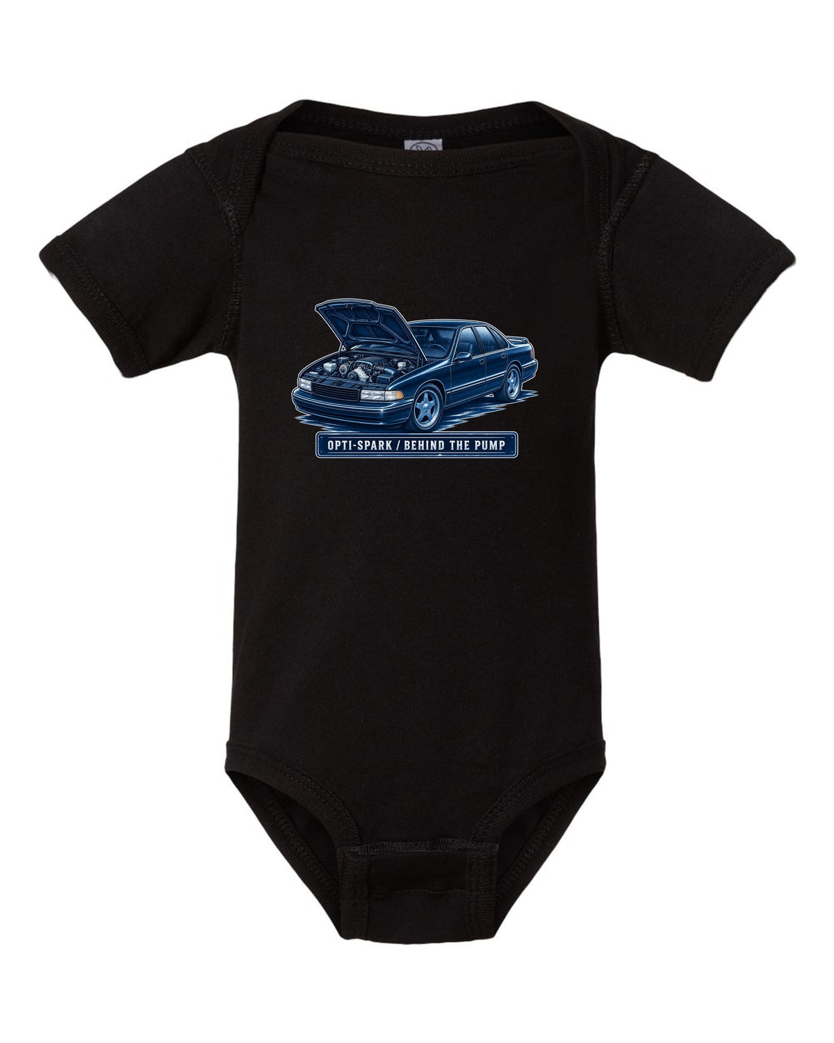 Cyanotype white-line illustration of a 1995 Chevrolet Impala SS with Opti-Spark lettering black baby onesie front view with the design