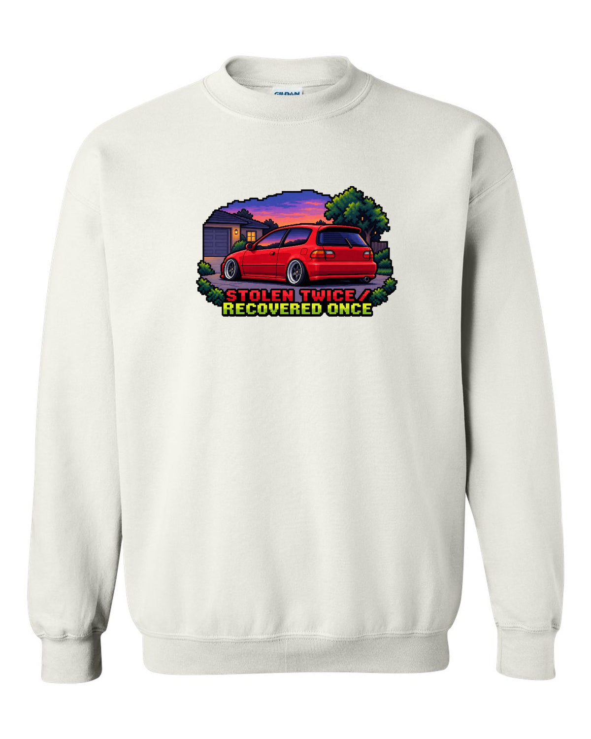 16-bit pixel art Honda Civic EG6 SiR print with stolen twice text white crewneck front view with the design