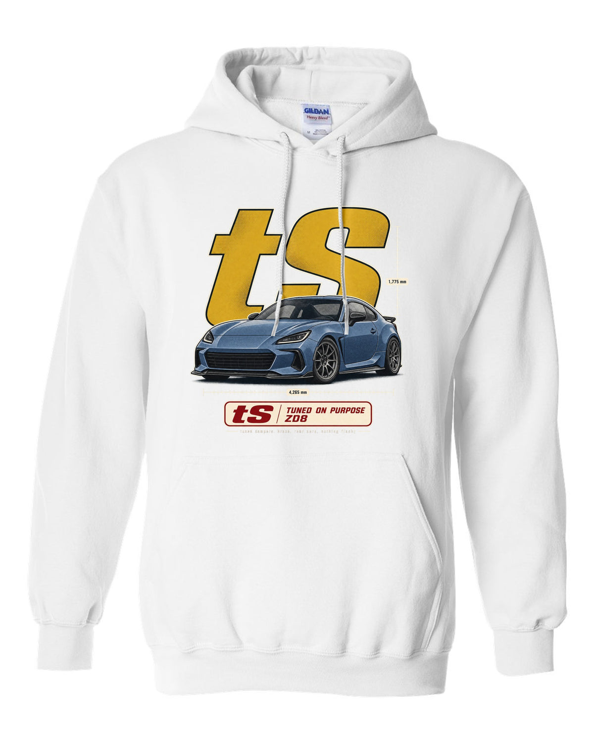 Halftone poster-style print of a Subaru BRZ tS ZD8 with tuning statement lettering white pull over hoodie front view with the design