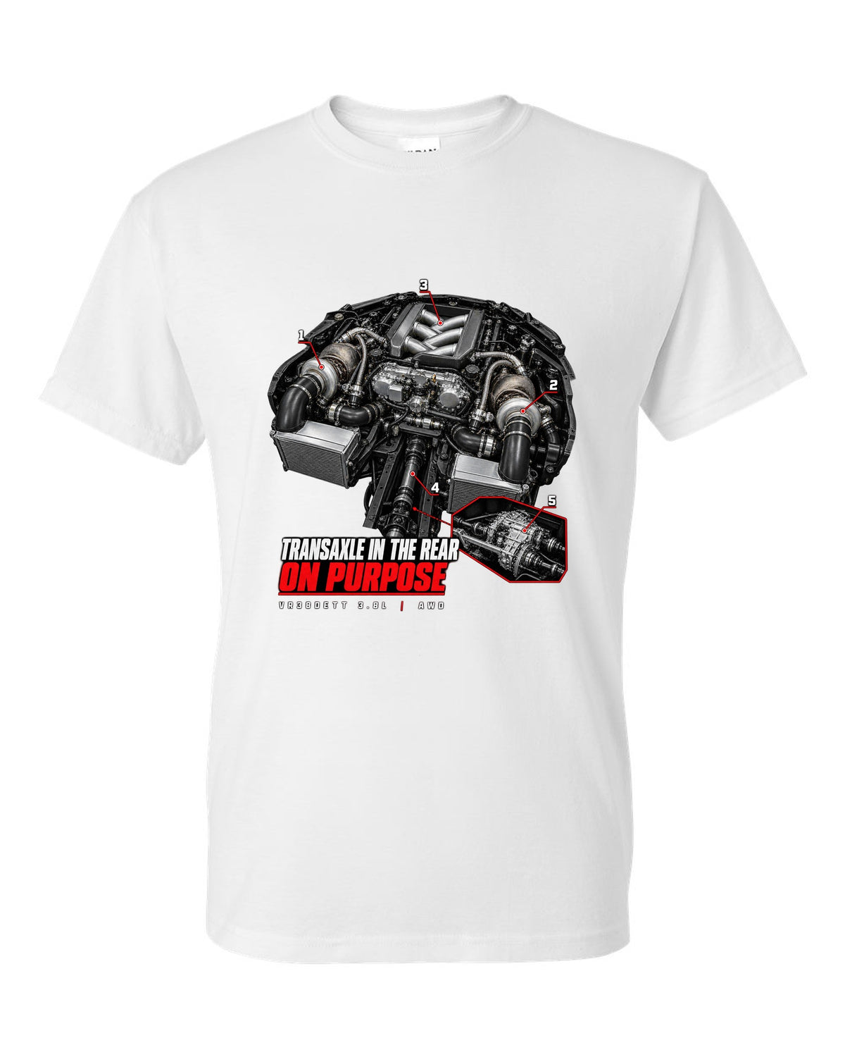 Engine hero diagram of a Nissan GT-R R35 with callout lines pointing to the rear transaxle white t-shirt front view with the design
