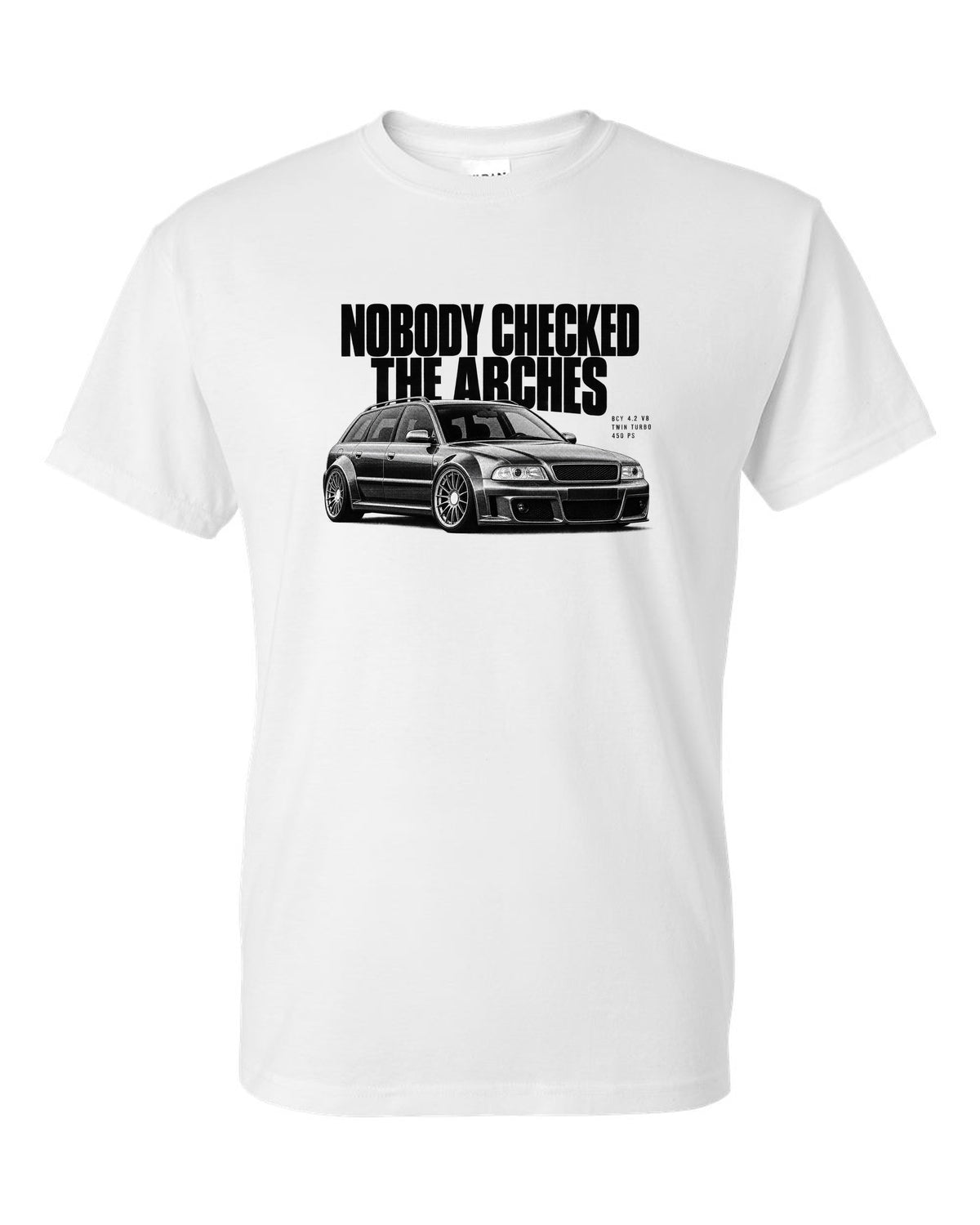 Audi RS6 Avant C5 4B front three-quarter in halftone with arches text white t-shirt front view with the design