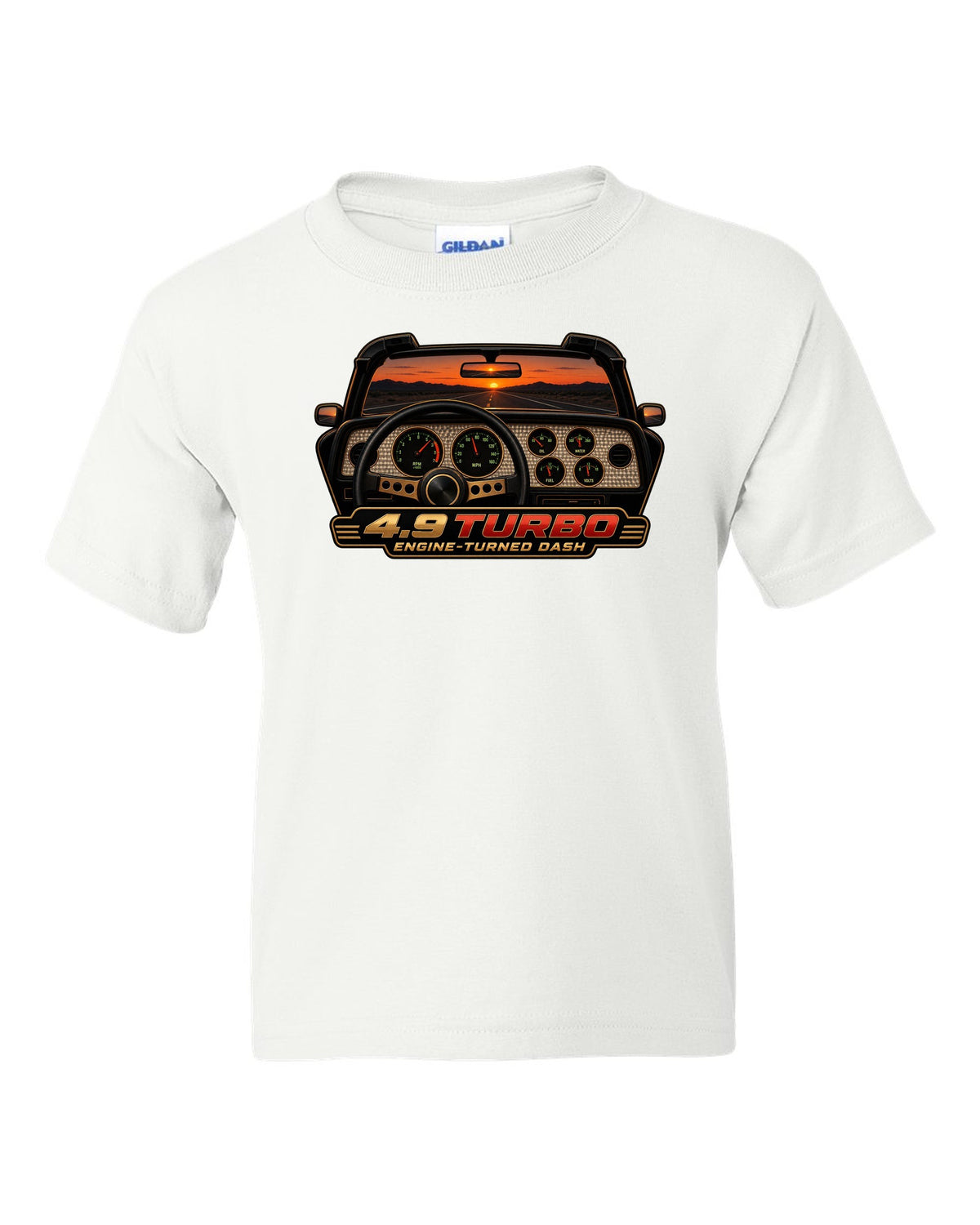 1981 Pontiac Firebird Trans Am gauge cluster HUD graphic with 4.9 Turbo text white kids tee front view with the design