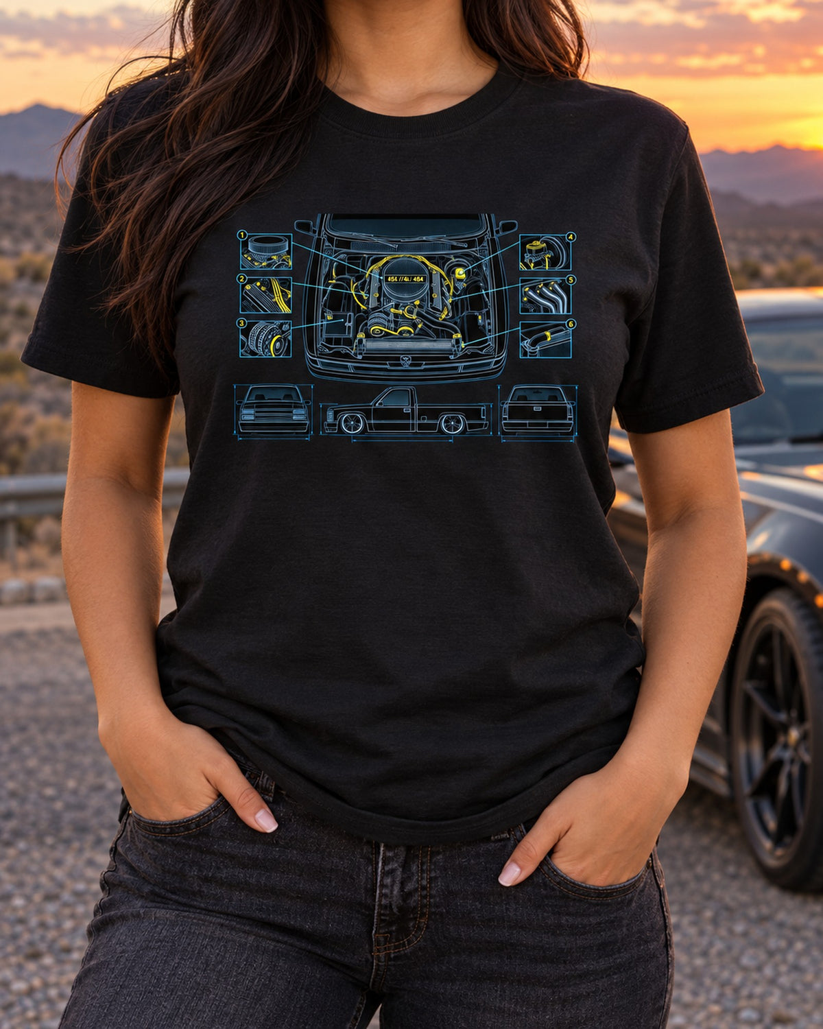 454 SS Pickup Engine Bay Blueprint Shirt, L19 7.4L T-Shirt Black worn hero