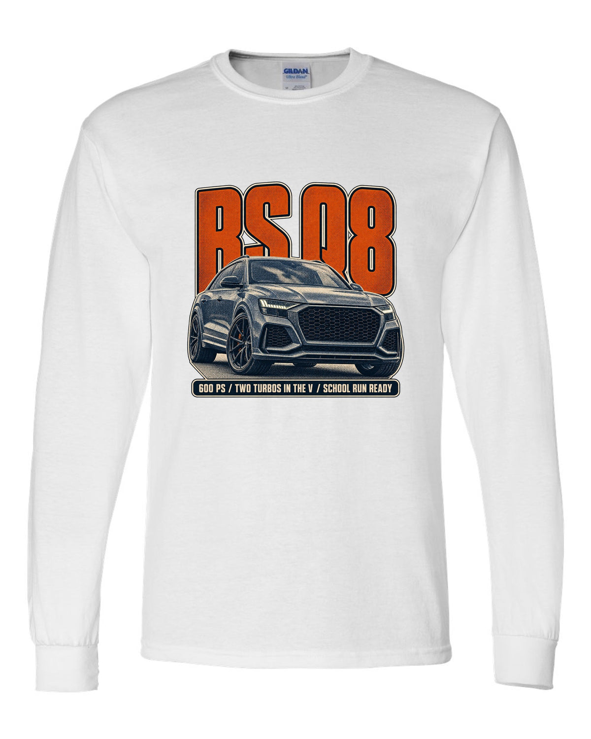 Audi RS Q8 halftone statement print with 600 PS text white long sleeve front view with the design