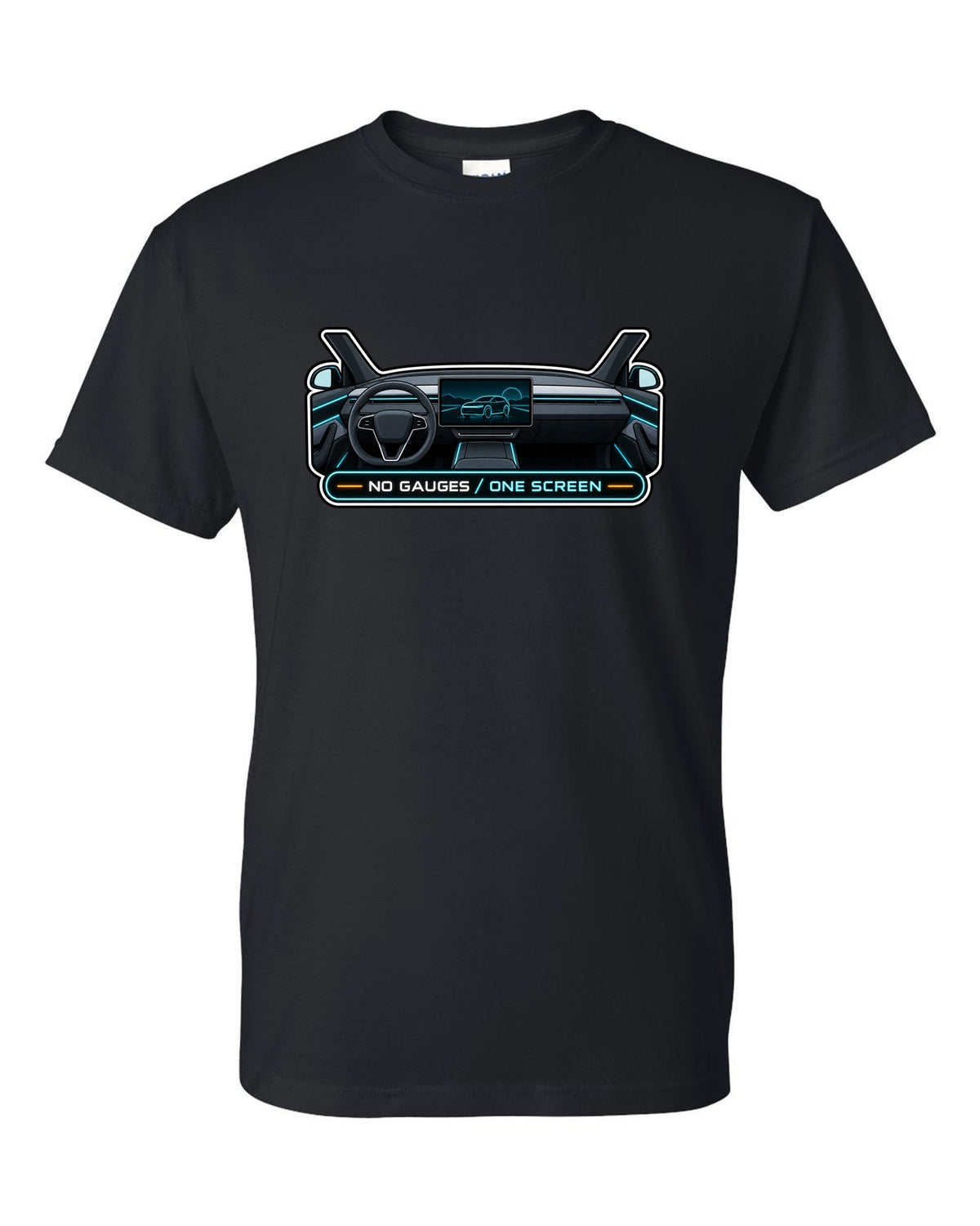Gauge cluster HUD parody print of a Tesla Model Y Juniper reading No Gauges One Screen black t-shirt front view with the design