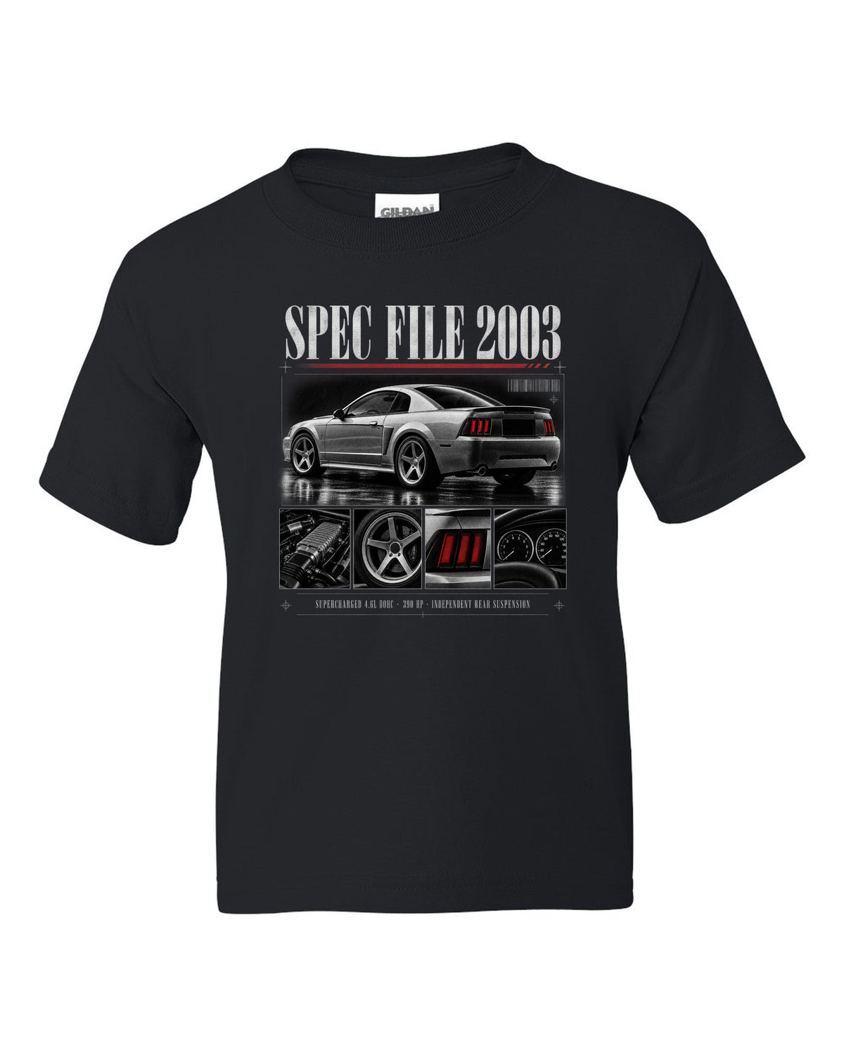 Dossier panel profile of a 2003 Ford Mustang SVT Cobra New Edge with spec file lettering black kids tee front view with the design