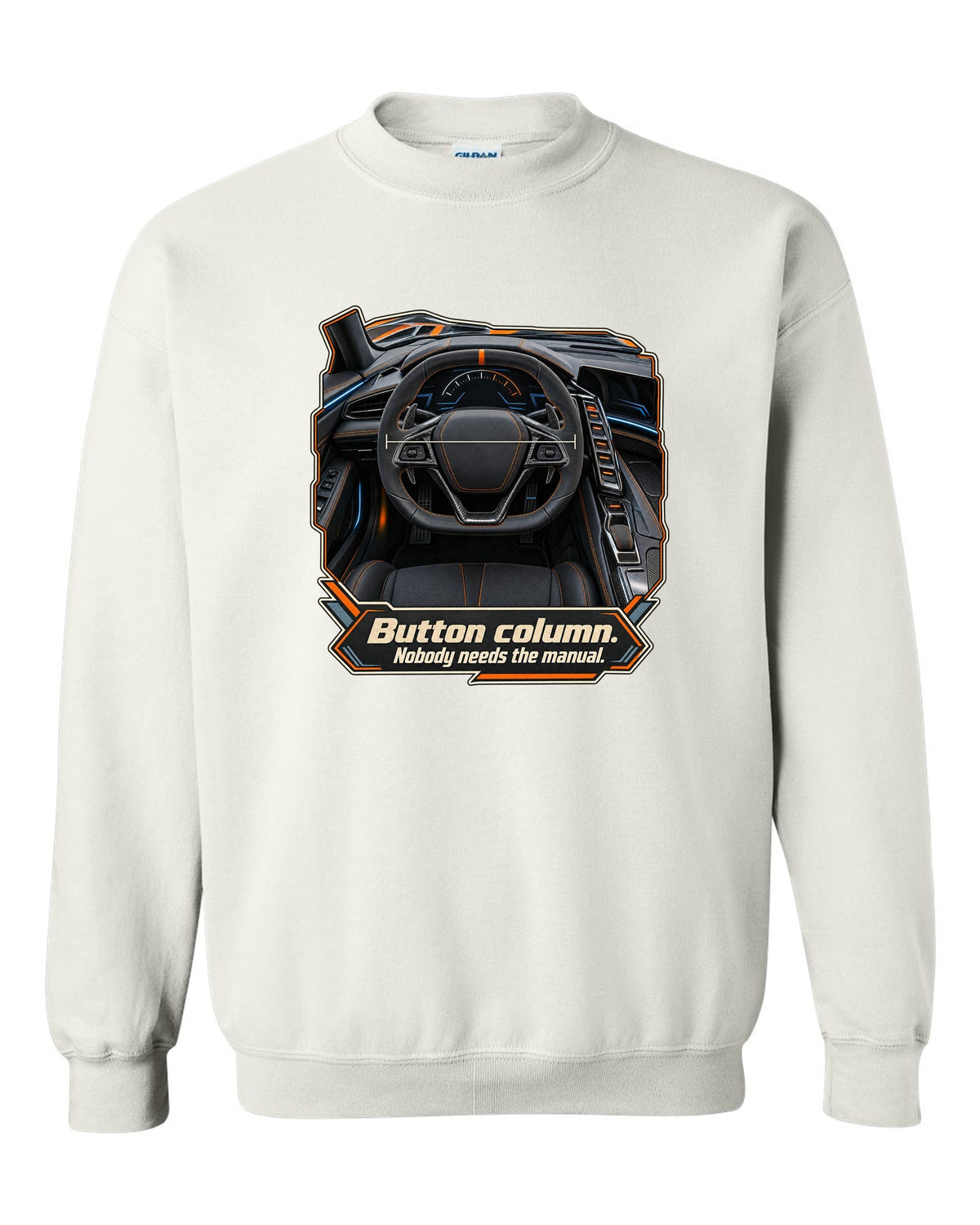 print of a Chevrolet Corvette C8 ZR1 cockpit with gauges and button column text white crewneck front view with the design