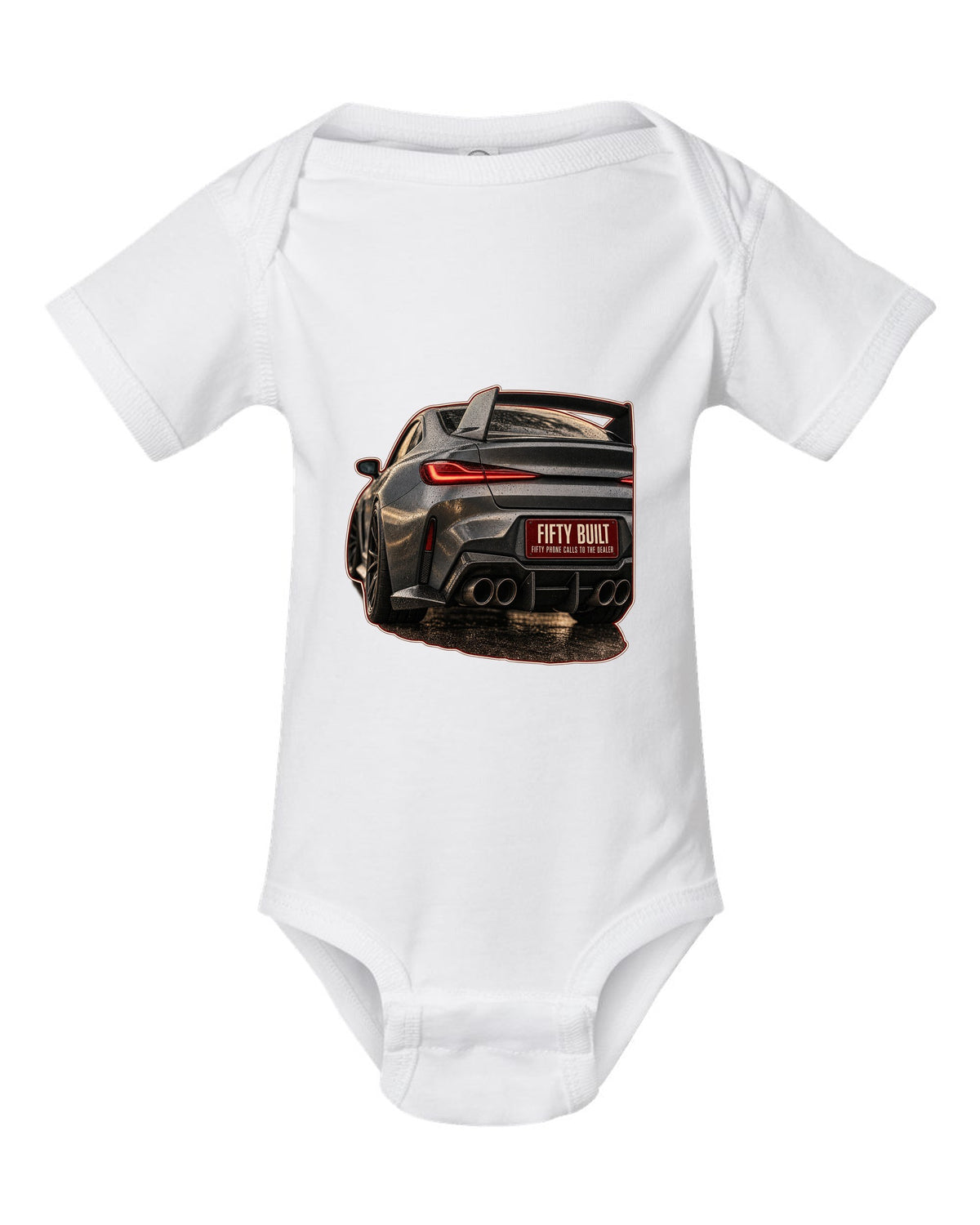 BMW 3.0 CSL 2023 rear light macro print white baby onesie front view with the design