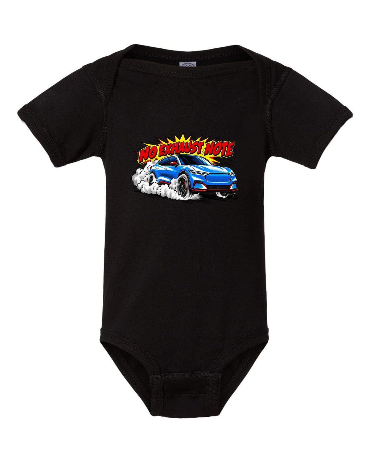 Comic halftone pop-art print of a 2020 Mustang Mach-E CX727 burnout reading No Exhaust Note black baby onesie front view with the design