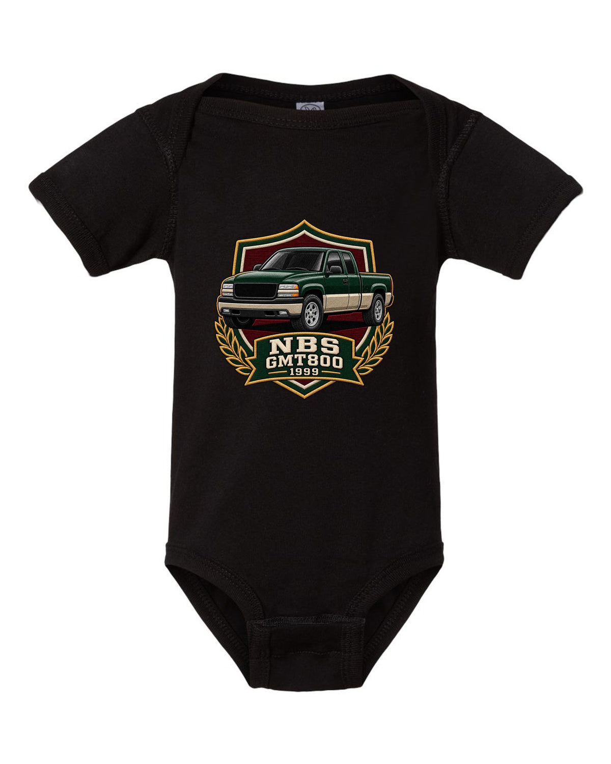 Varsity shield crest print for a 1999-2006 Chevrolet Silverado NBS GMT800 with NBS GMT800 1999 text black baby onesie front view with the design