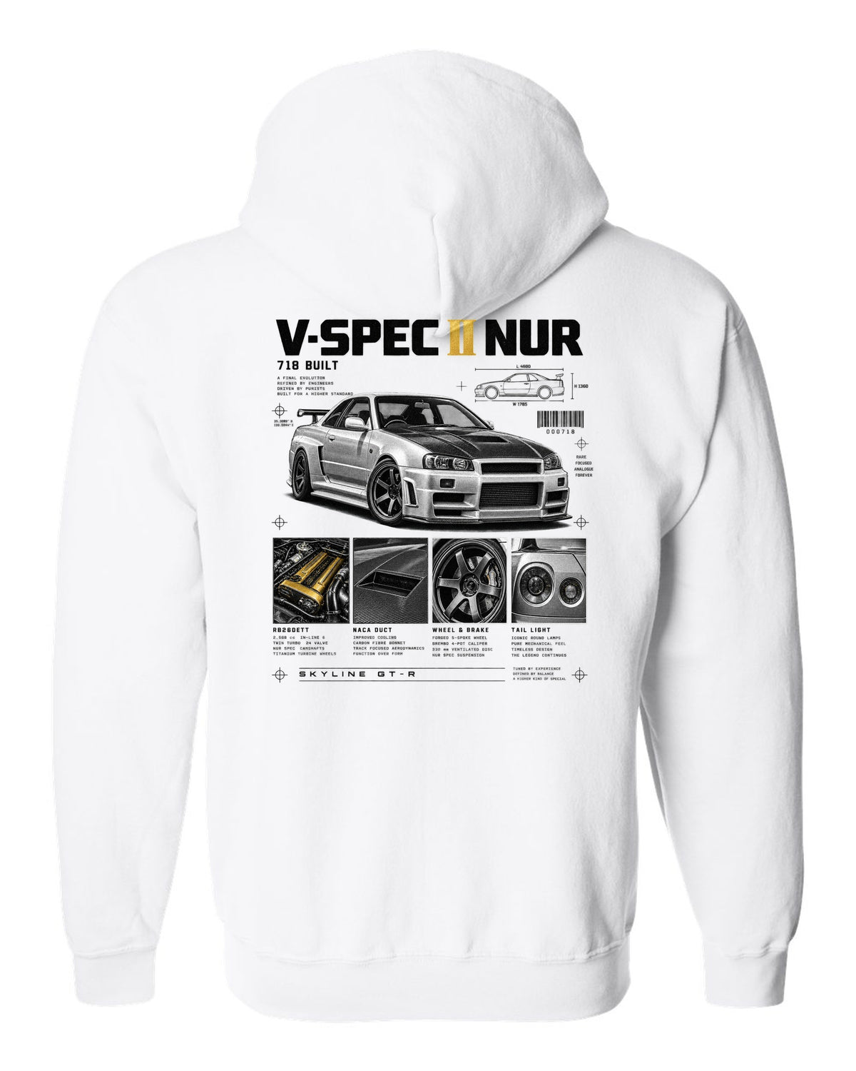 Dossier panels of a Nissan Skyline GT-R R34 V-Spec II Nur with 718 built and gold cam covers lettering white zip hoodie back view with the design