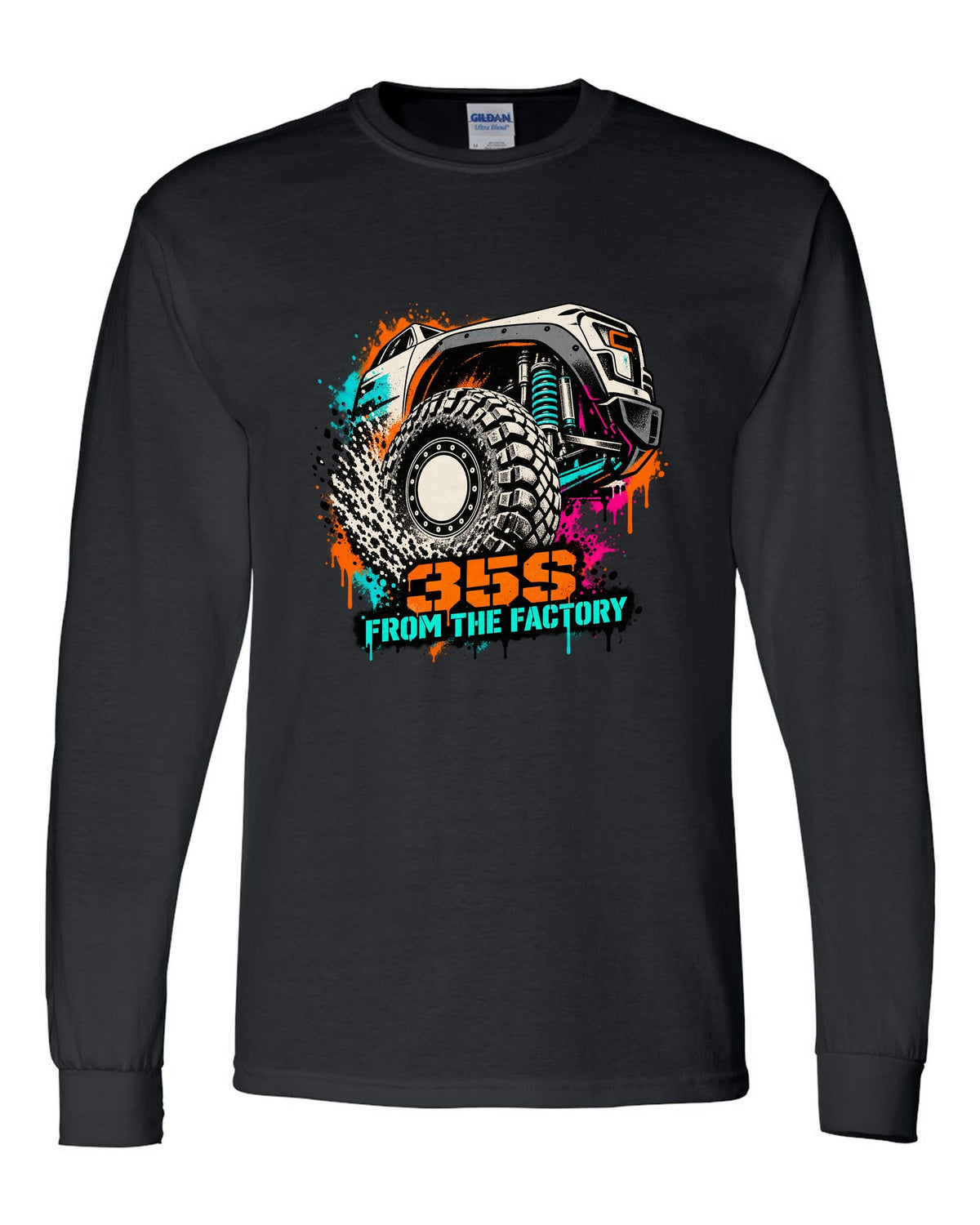 Stencil spray street art print of a Ram 1500 TRX wheel with 35S lettering black long sleeve front view with the design