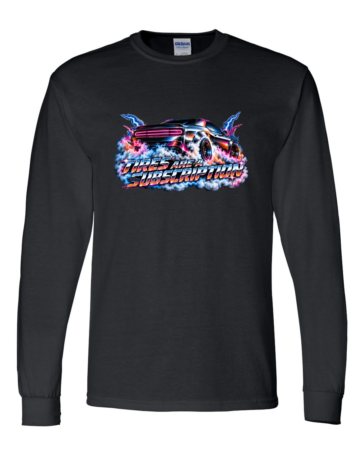 80s airbrush chrome illustration of a 2020 Dodge Challenger Scat Pack 392 Widebody doing a burnout black long sleeve front view with the design