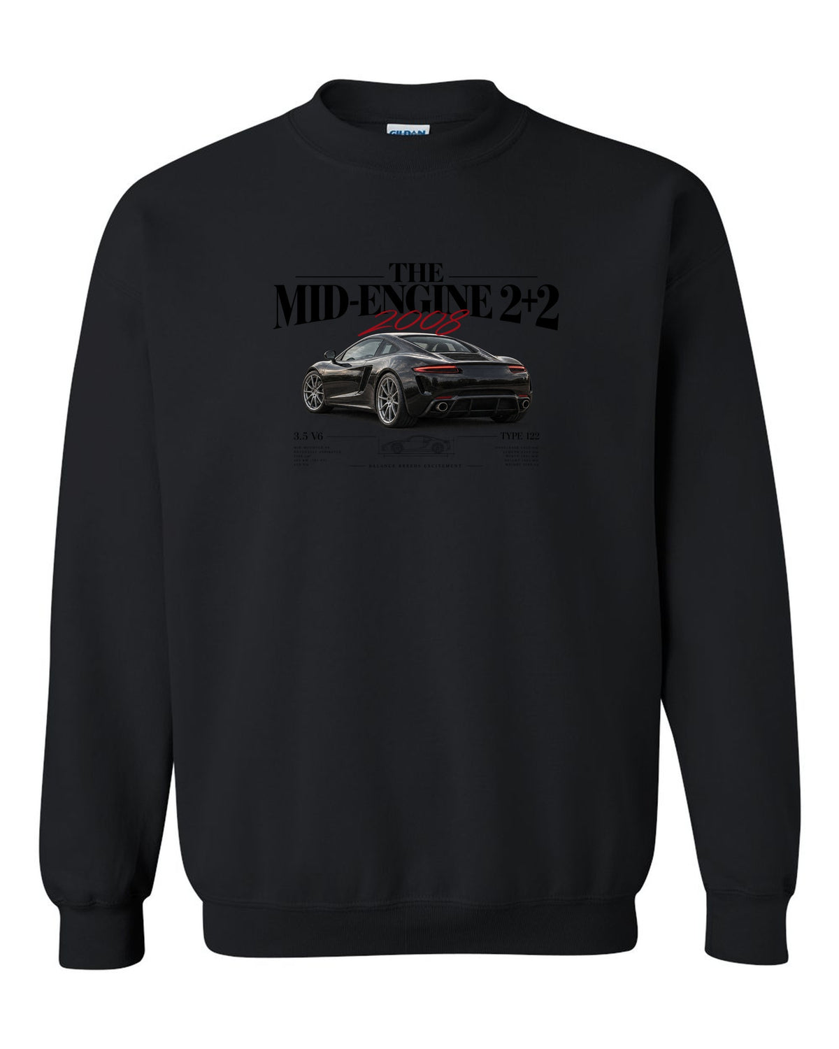 Editorial headline print of a 2008 Lotus Evora Type 122 about the mid-engine 2+2 black crewneck front view with the design