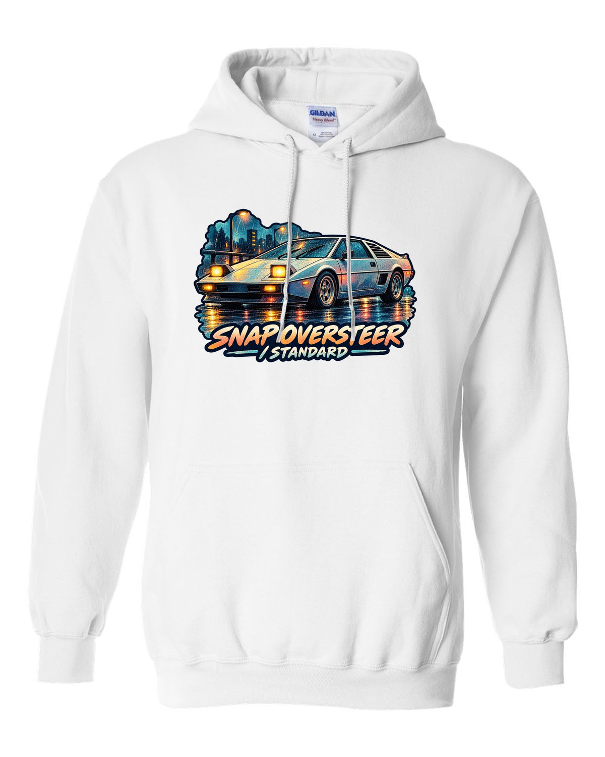 Watercolour wash of a Toyota MR2 AW11 driving in rain with oversteer slogan white pull over hoodie front view with the design