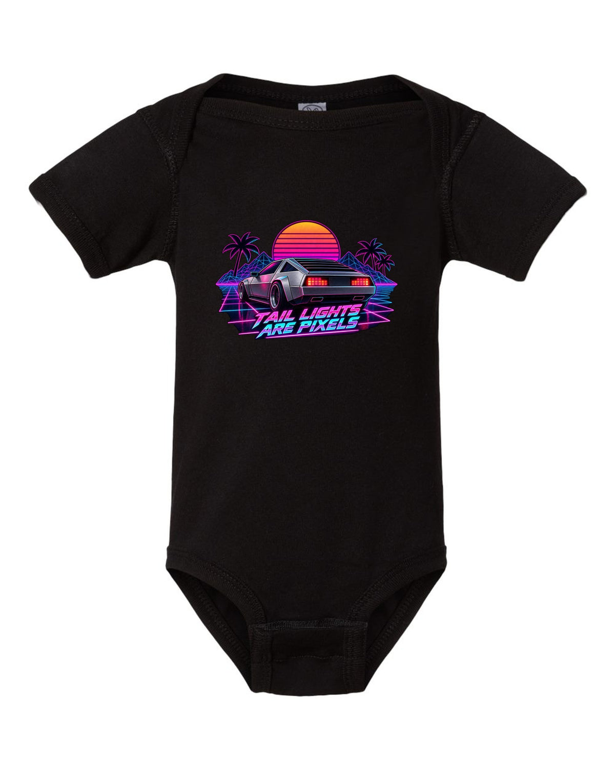 Synthwave outrun print of the Hyundai N Vision 74 concept with pixel tail lights text black baby onesie front view with the design