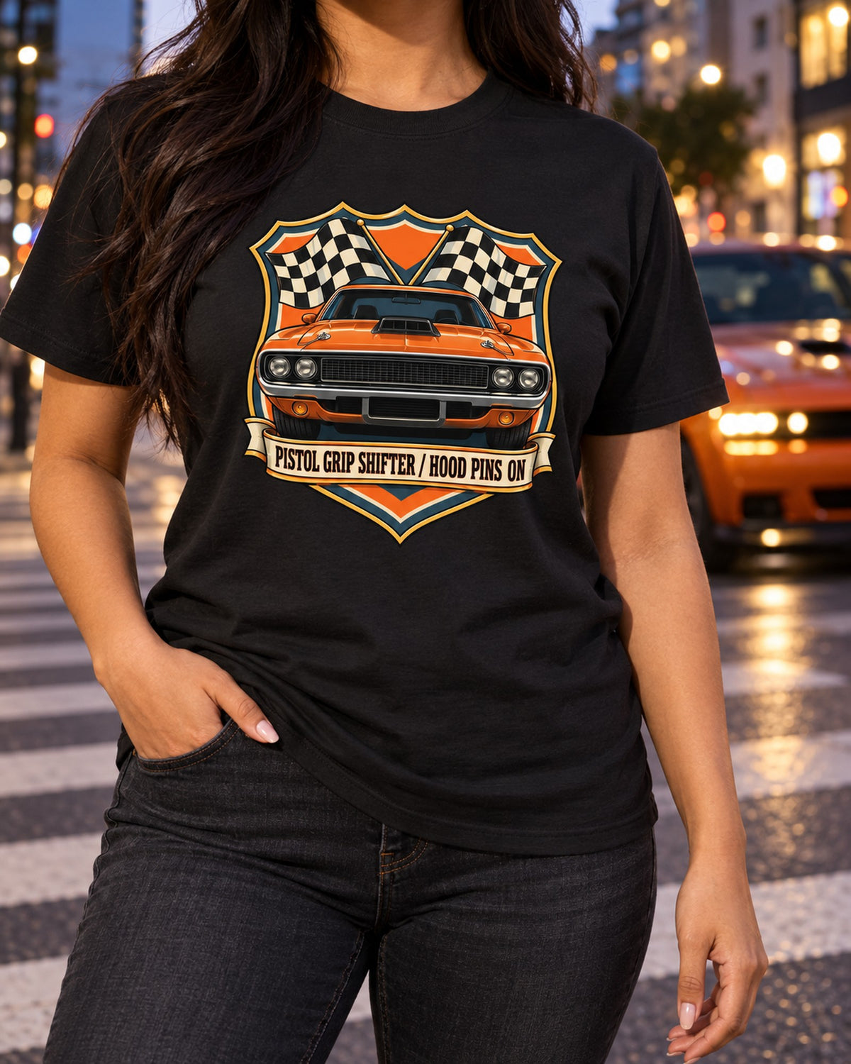 1970 Dodge Challenger R/T E-Body Shield Crest print Tee T-Shirt Black worn hero