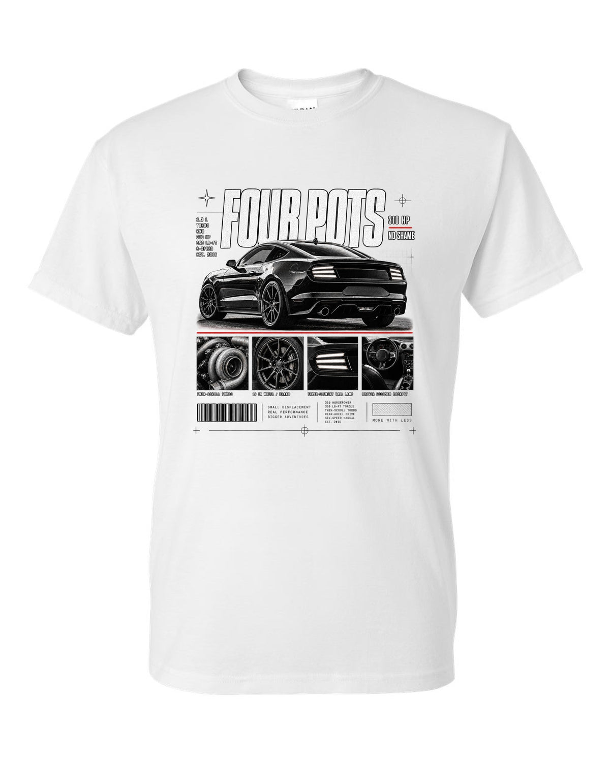 Dossier panel print of a 2015-17 Ford Mustang S550 EcoBoost fastback white t-shirt front view with the design