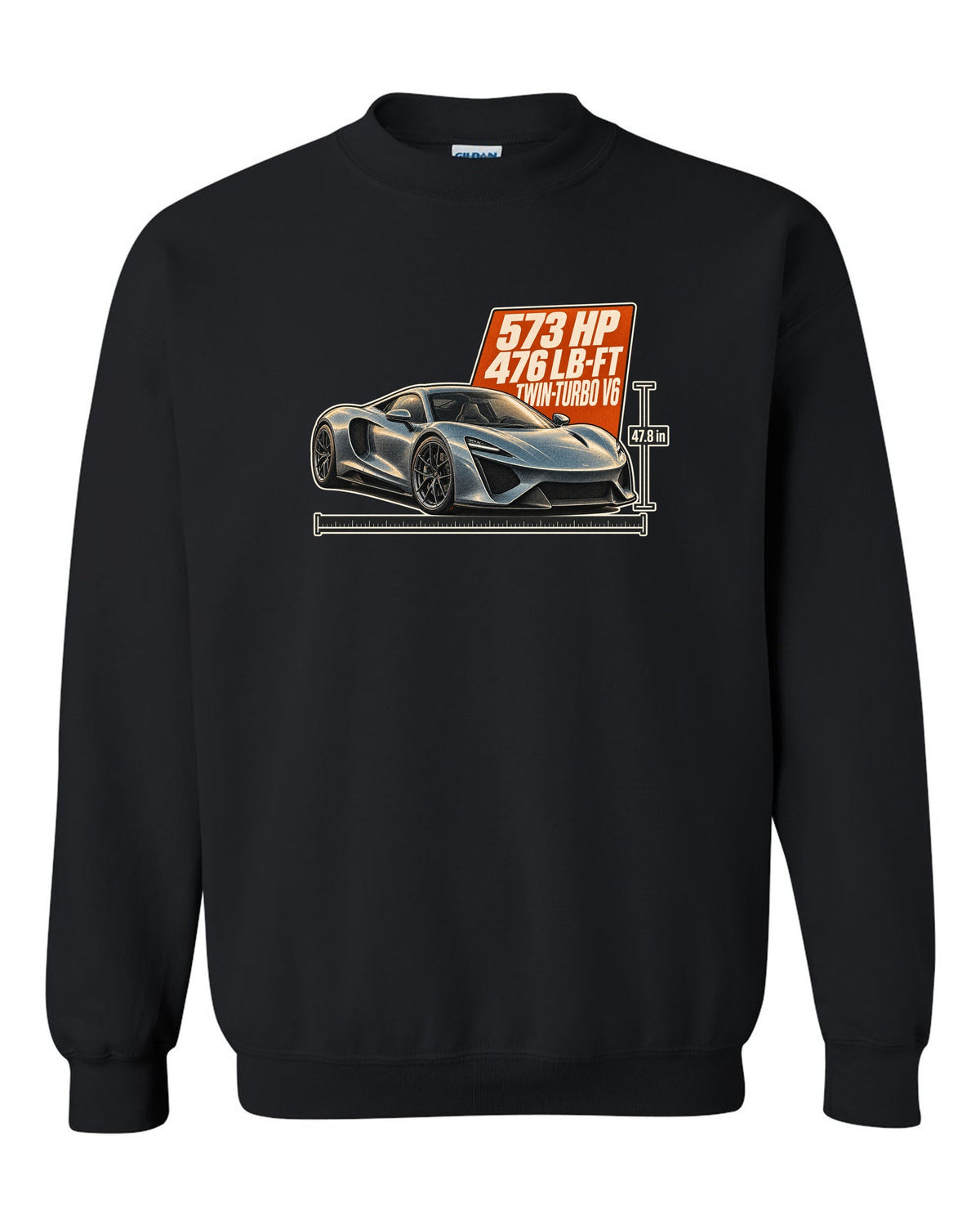 Halftone print of a 2020 Acura NSX NC1 front three-quarter black crewneck front view with the design