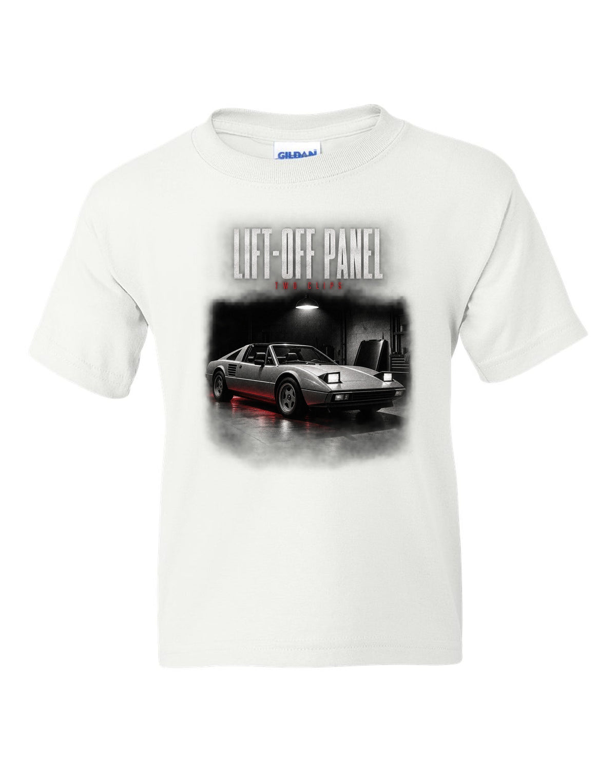Ferrari 308 GTS 1977 targa garage night print, lift-off panel, two clips white kids tee front view with the design